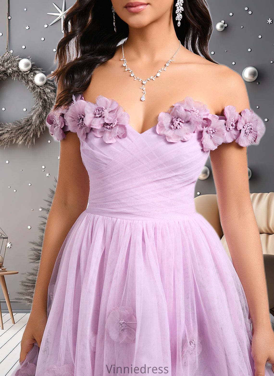 Baylee Ball-Gown/Princess Off the Shoulder Short Tulle Homecoming Dress With Pleated Flower PP6P0025668