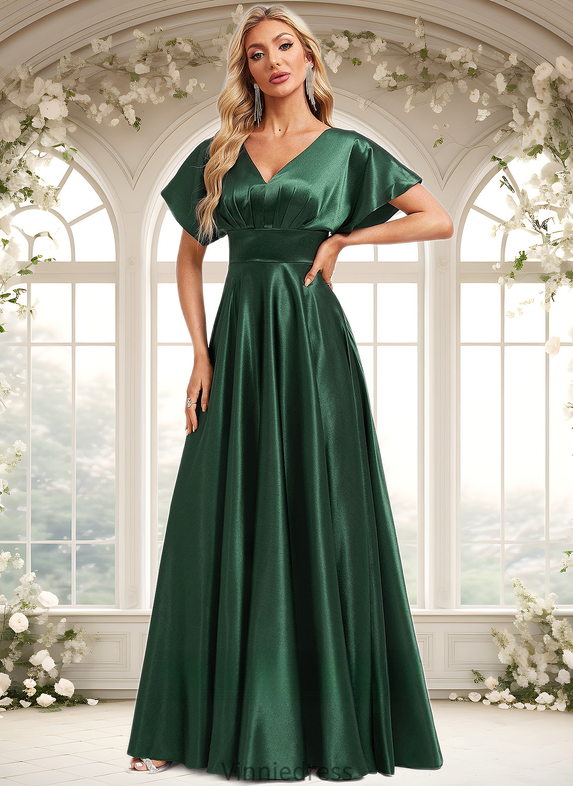 Sylvia A-line V-Neck Floor-Length Stretch Satin Bridesmaid Dress PP6P0025782