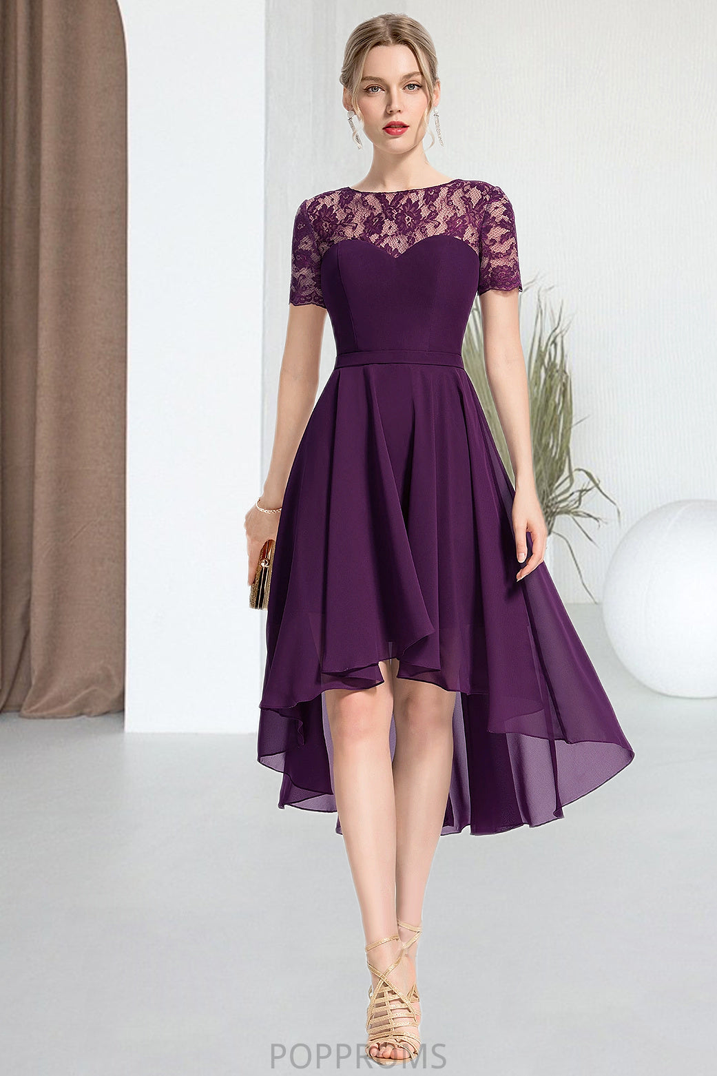 Lyla A-line Scoop Asymmetrical Chiffon Lace Homecoming Dress PP6P0020587