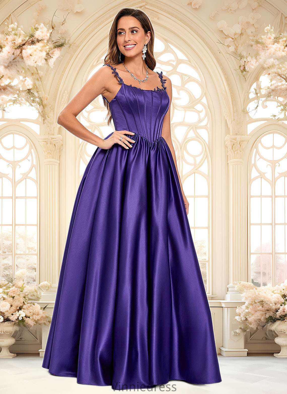 Kennedy Ball-Gown/Princess Scoop Floor-Length Satin Prom Dresses With Appliques Lace Beading PP6P0025865