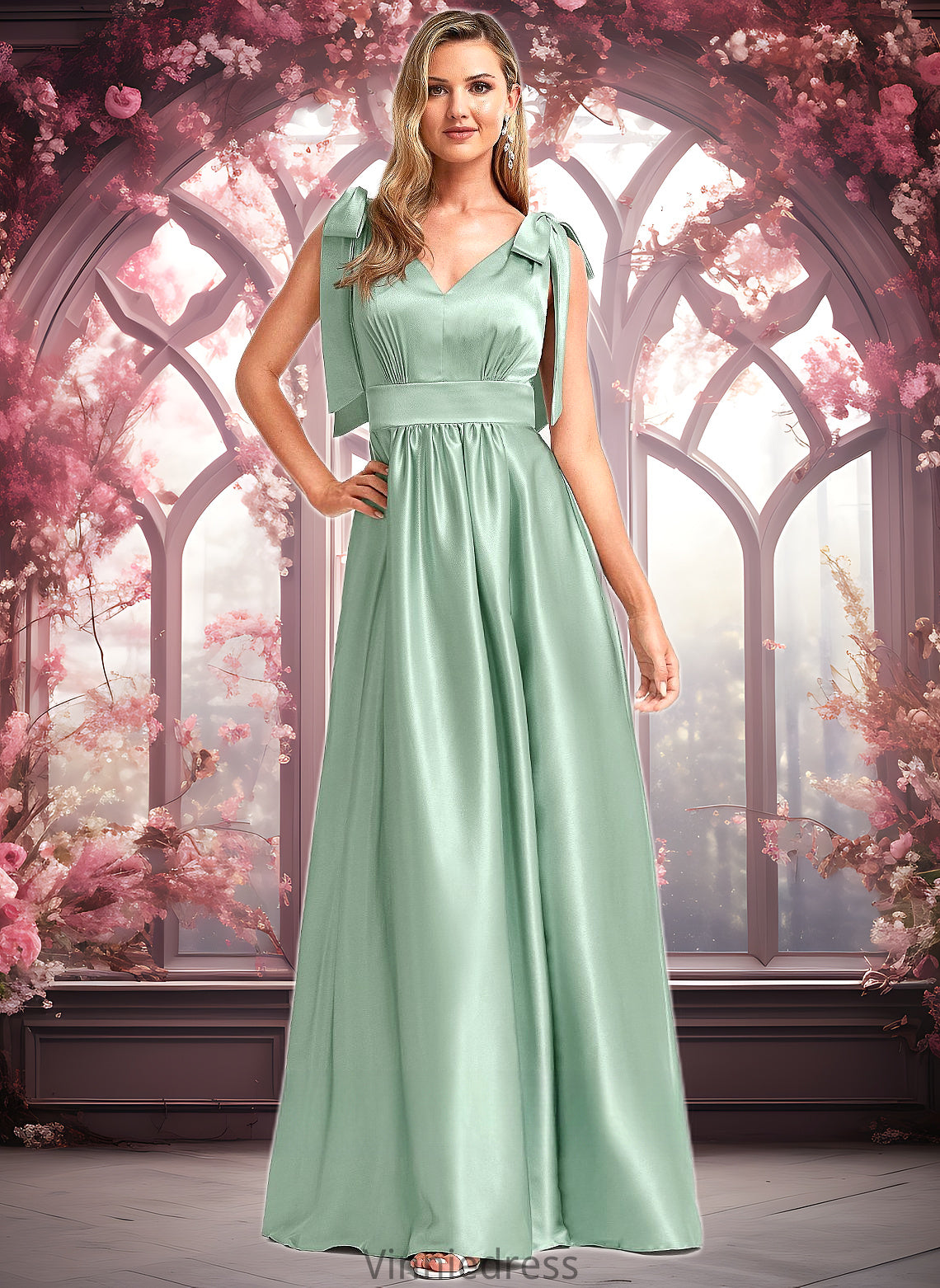 Ashleigh A-line V-Neck Floor-Length Stretch Satin Bridesmaid Dress With Bow PP6P0025737