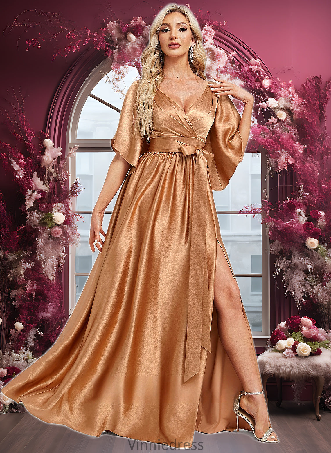 Norma A-line V-Neck Floor-Length Stretch Satin Bridesmaid Dress PP6P0025793