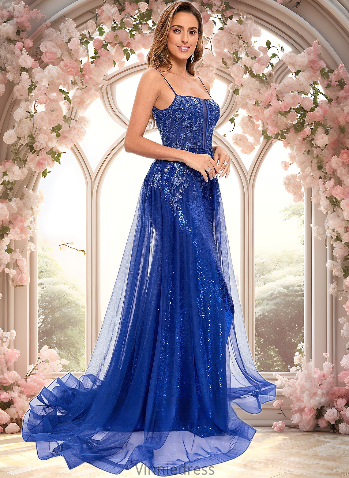 Aubree Trumpet/Mermaid Straight Sweep Train Tulle Sequin Prom Dresses With Sequins Appliques Lace PP6P0025857