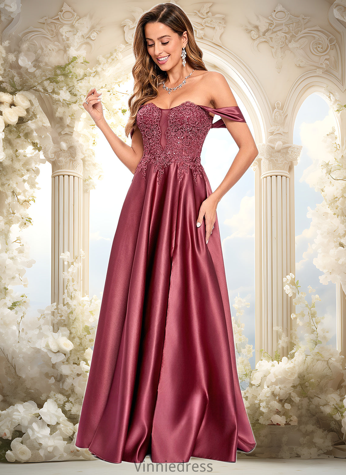 Daphne A-line Off the Shoulder Floor-Length Satin Lace Prom Dresses With Sequins PP6P0025841