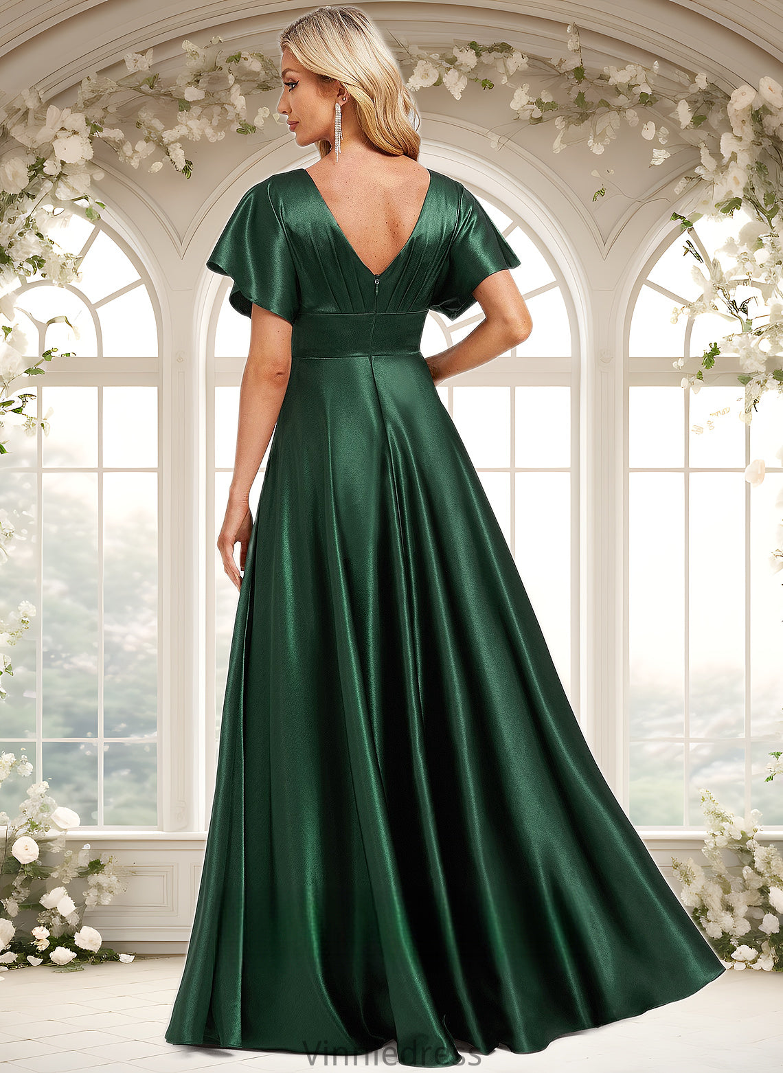 Sylvia A-line V-Neck Floor-Length Stretch Satin Bridesmaid Dress PP6P0025782