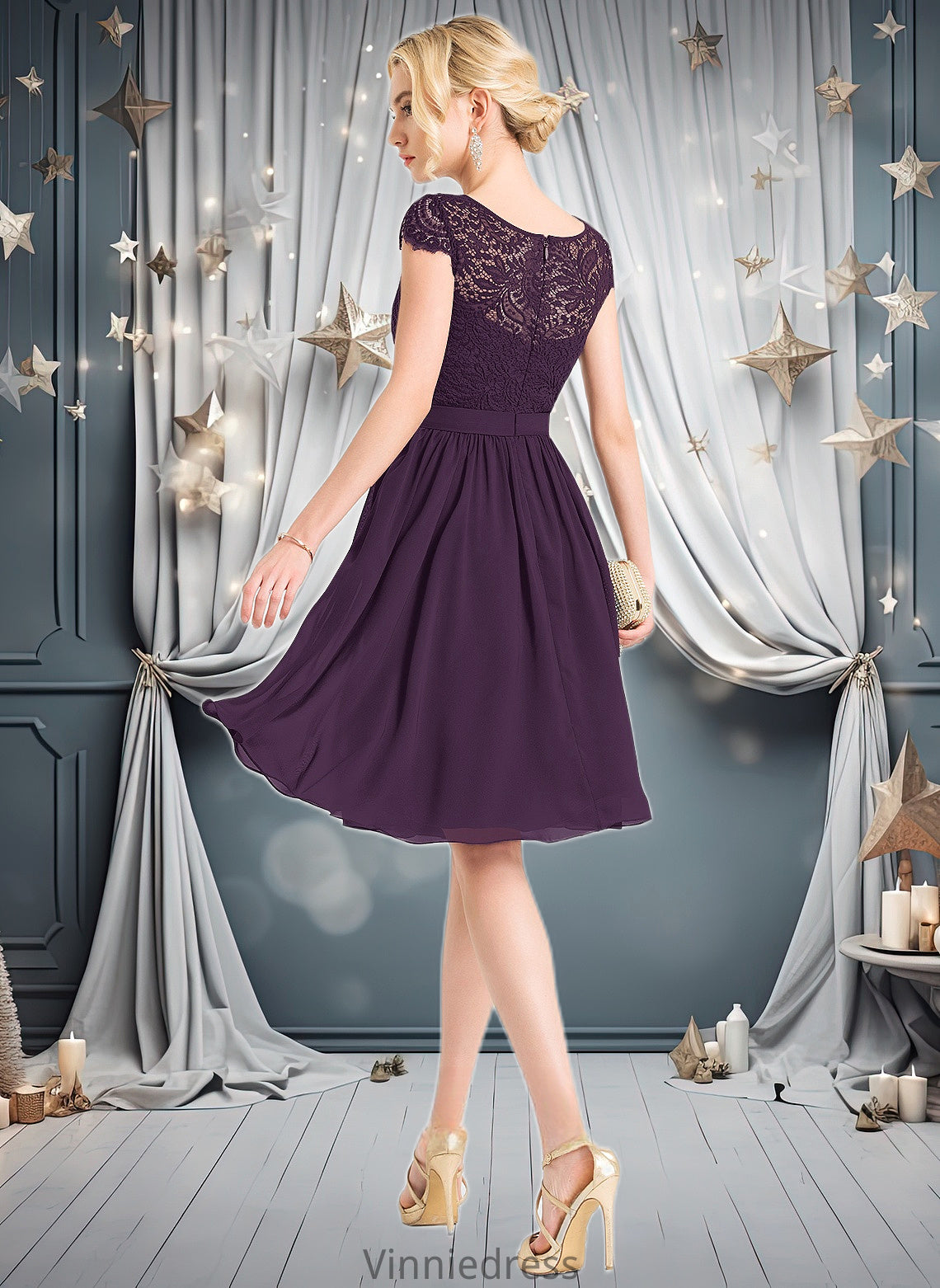 Riya A-line Scoop Knee-Length Lace Chiffon Homecoming Dress PP6P0025698