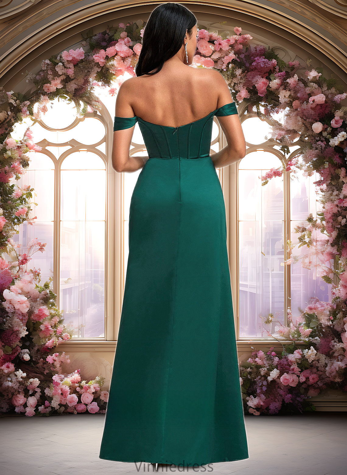 Khloe A-line Off the Shoulder Floor-Length Satin Bridesmaid Dress PP6P0025743