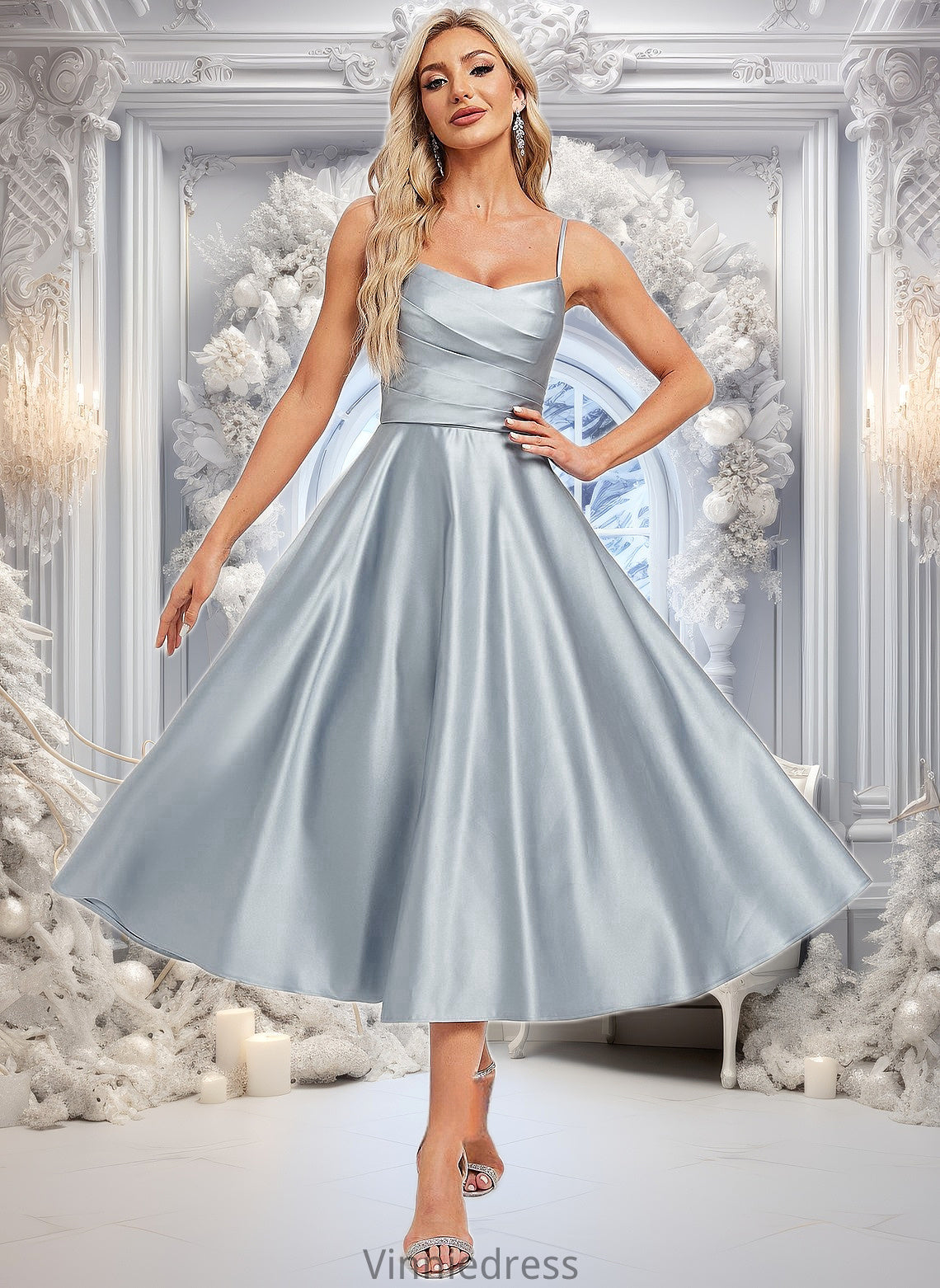 Greta A-line V-Neck Tea-Length Satin Homecoming Dress PP6P0025694