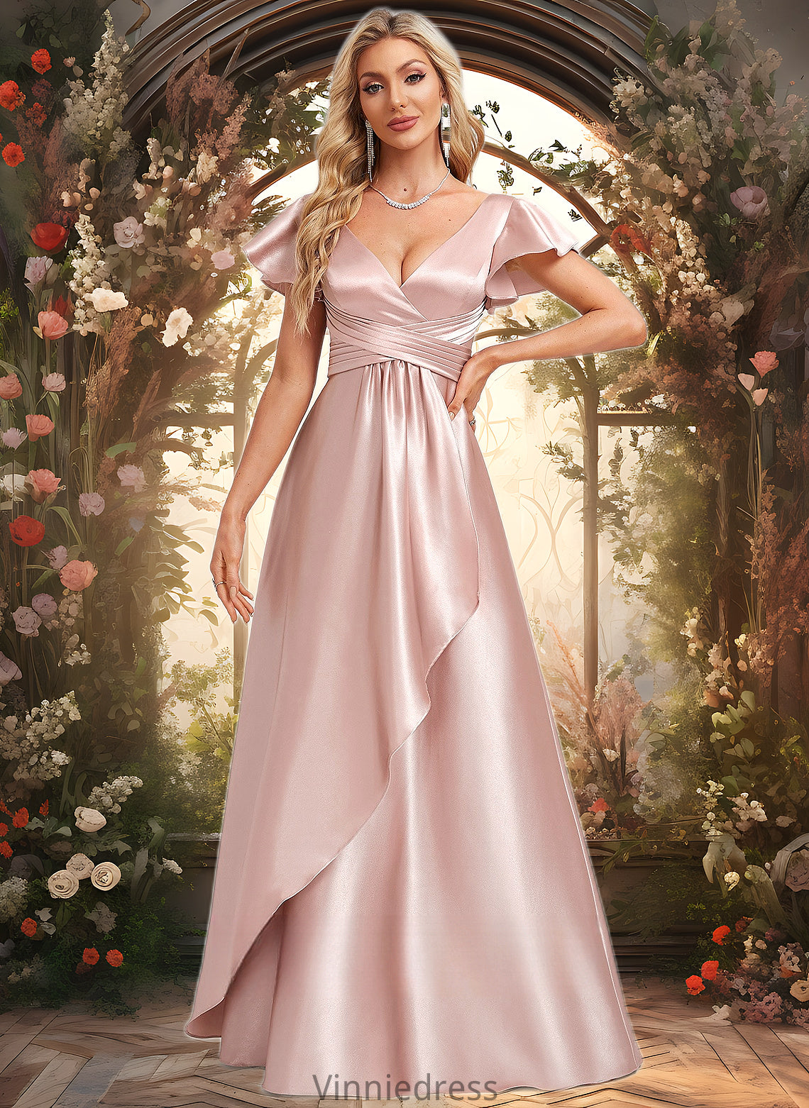 Everleigh A-line V-Neck Floor-Length Stretch Satin Bridesmaid Dress With Ruffle PP6P0025787