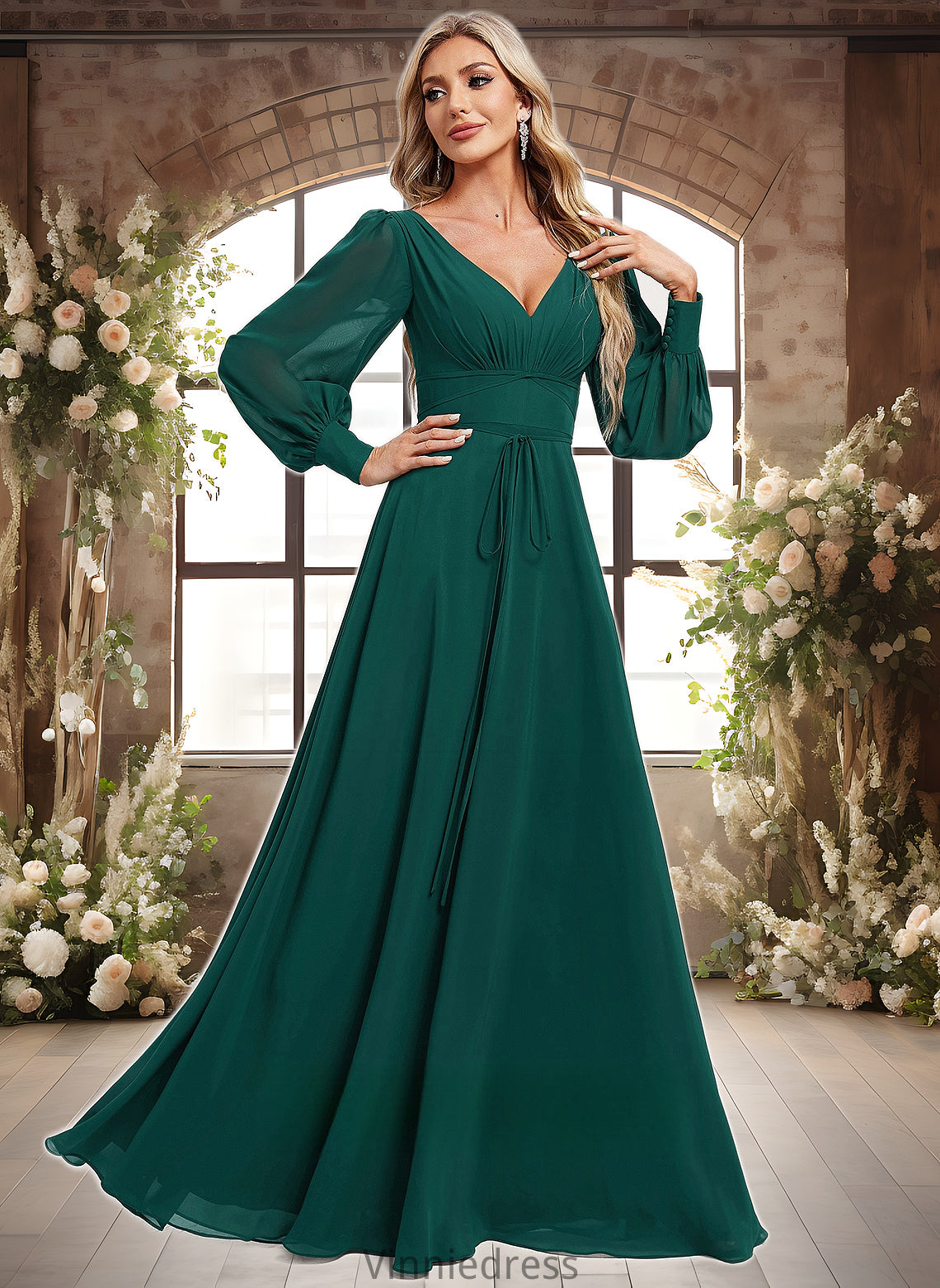 Araceli A-line V-Neck Floor-Length Chiffon Bridesmaid Dress PP6P0025816