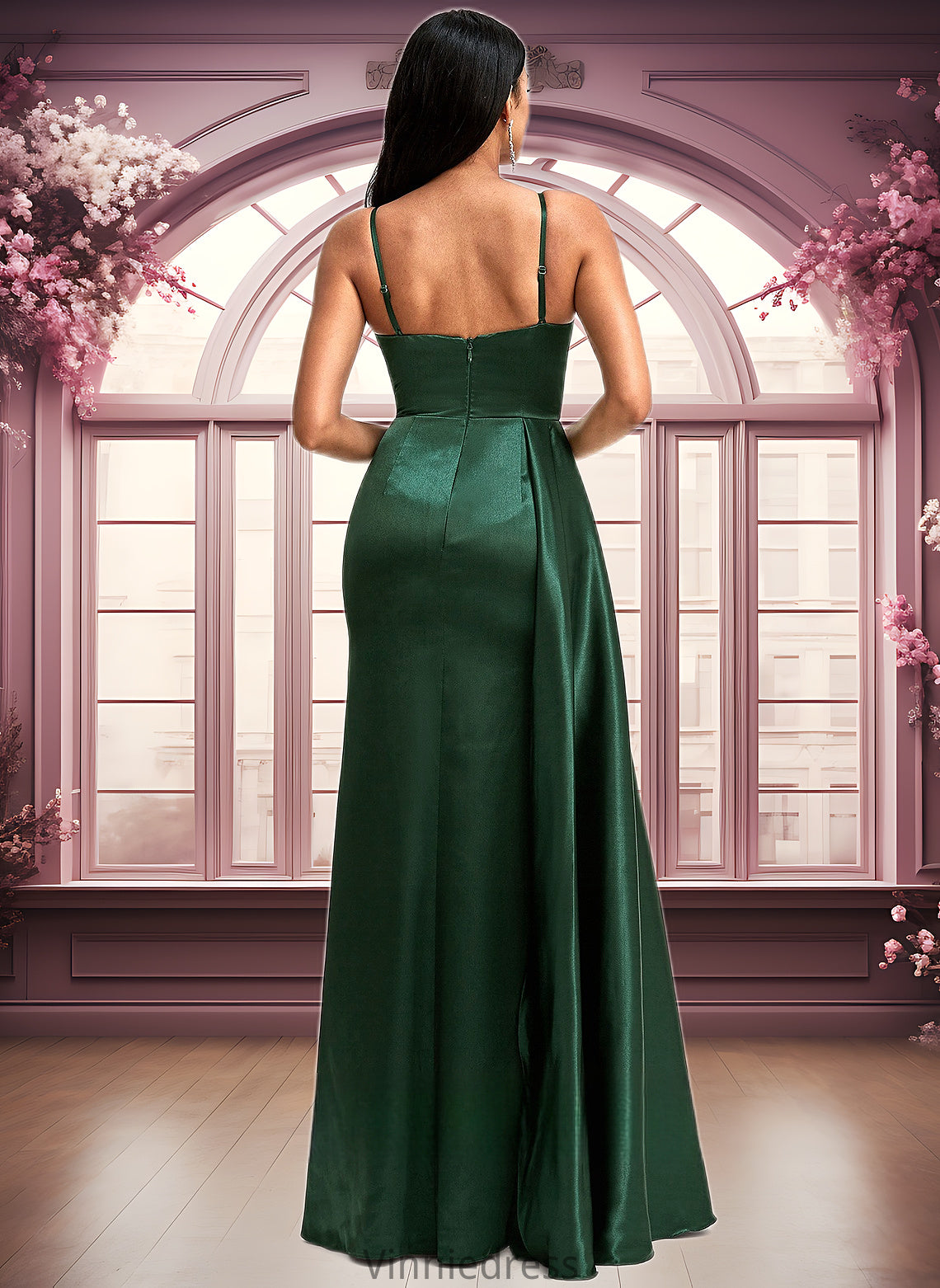 Brielle A-line V-Neck Floor-Length Stretch Satin Bridesmaid Dress PP6P0025745