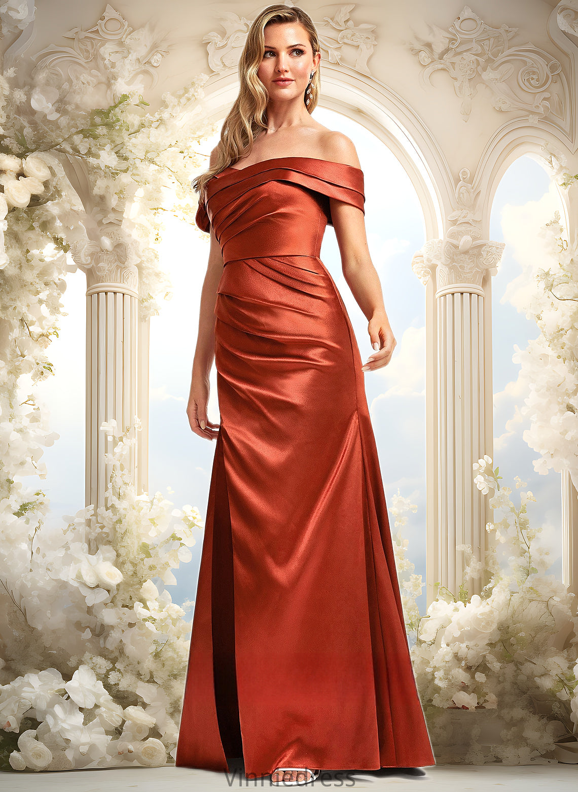 Elisabeth A-line Off the Shoulder Floor-Length Stretch Satin Bridesmaid Dress PP6P0025757