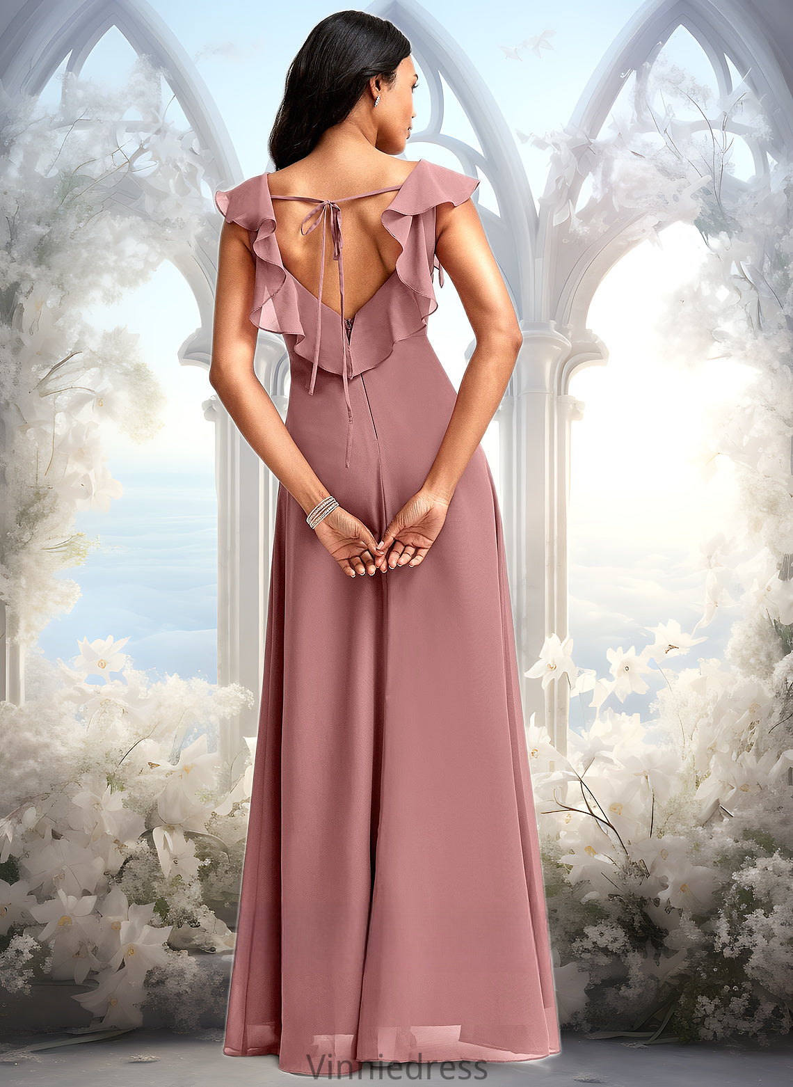 Caylee A-line V-Neck Floor-Length Chiffon Bridesmaid Dress With Ruffle PP6P0025751