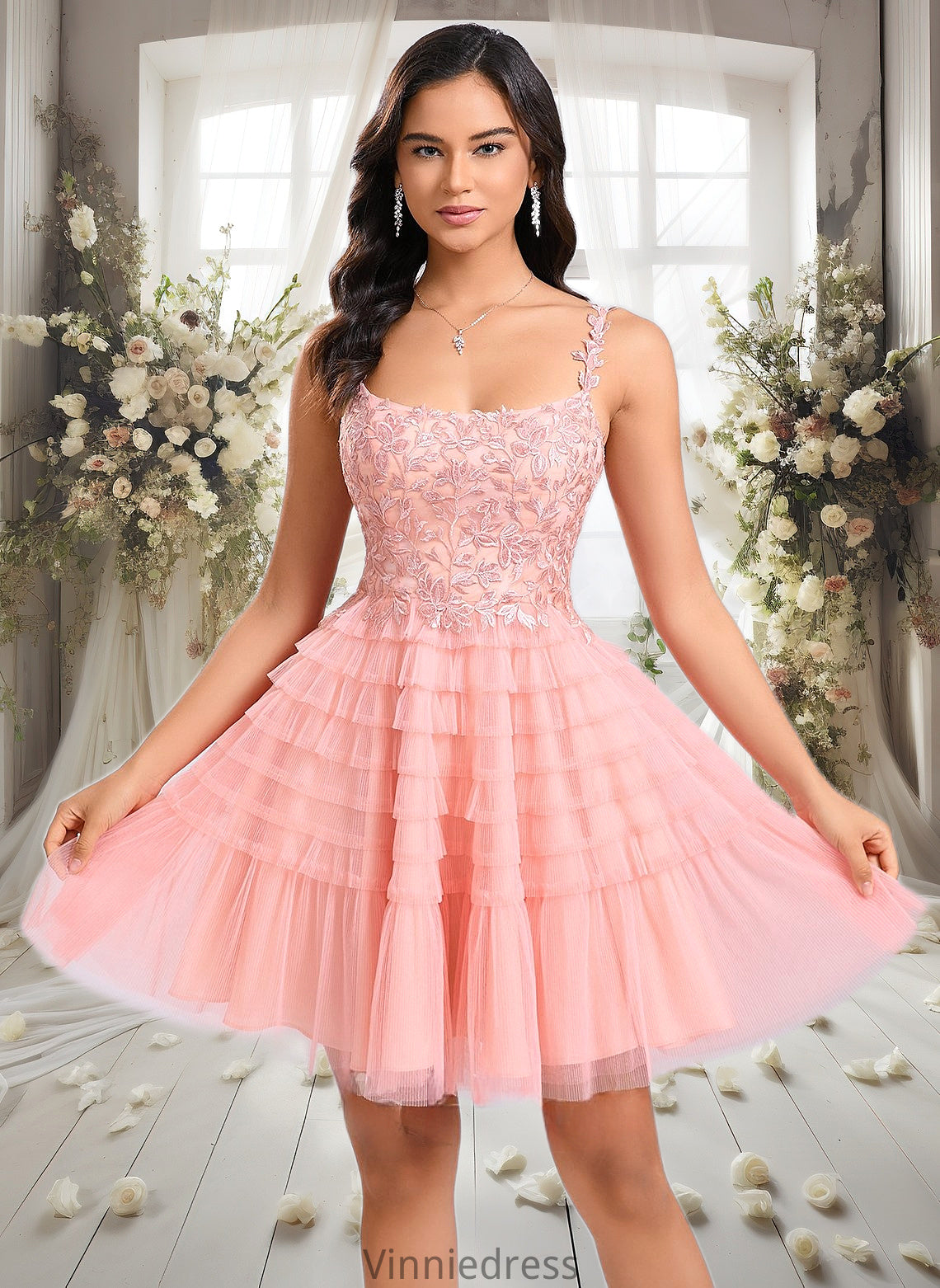 Elva Ball-Gown/Princess Scoop Short Tulle Lace Homecoming Dress With Ruffle PP6P0025676