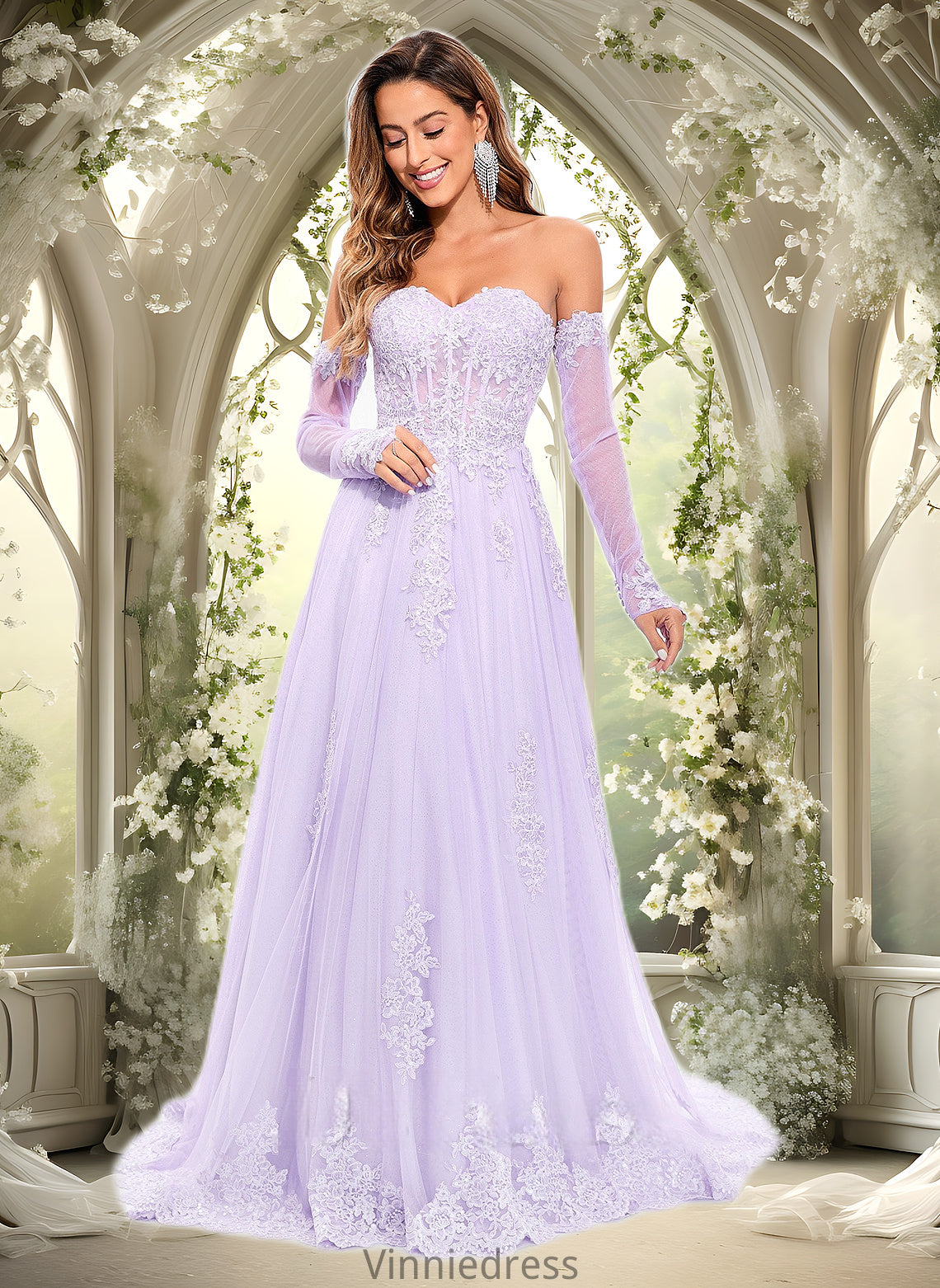 Mildred A-line Sweetheart Sweep Train Tulle Prom Dresses With Sequins Appliques Lace PP6P0025856