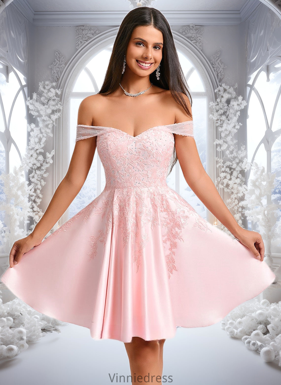 Nola A-line Off the Shoulder Short Satin Homecoming Dress With Rhinestone Beading Appliques Lace PP6P0025679