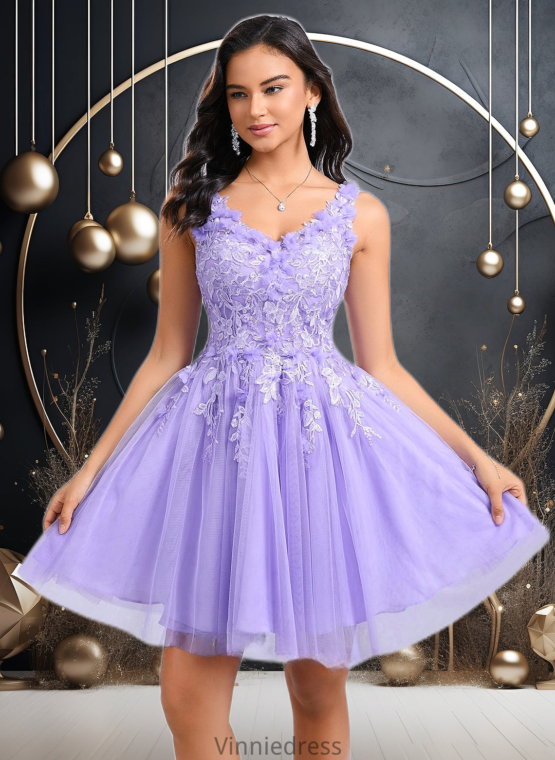 Kallie Ball-Gown/Princess V-Neck Short Lace Tulle Homecoming Dress With Flower PP6P0025656