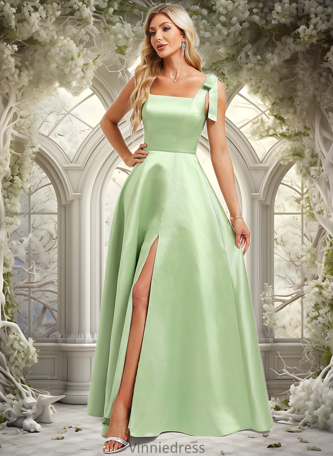 Krista A-line Square Floor-Length Satin Bridesmaid Dress With Bow PP6P0025778