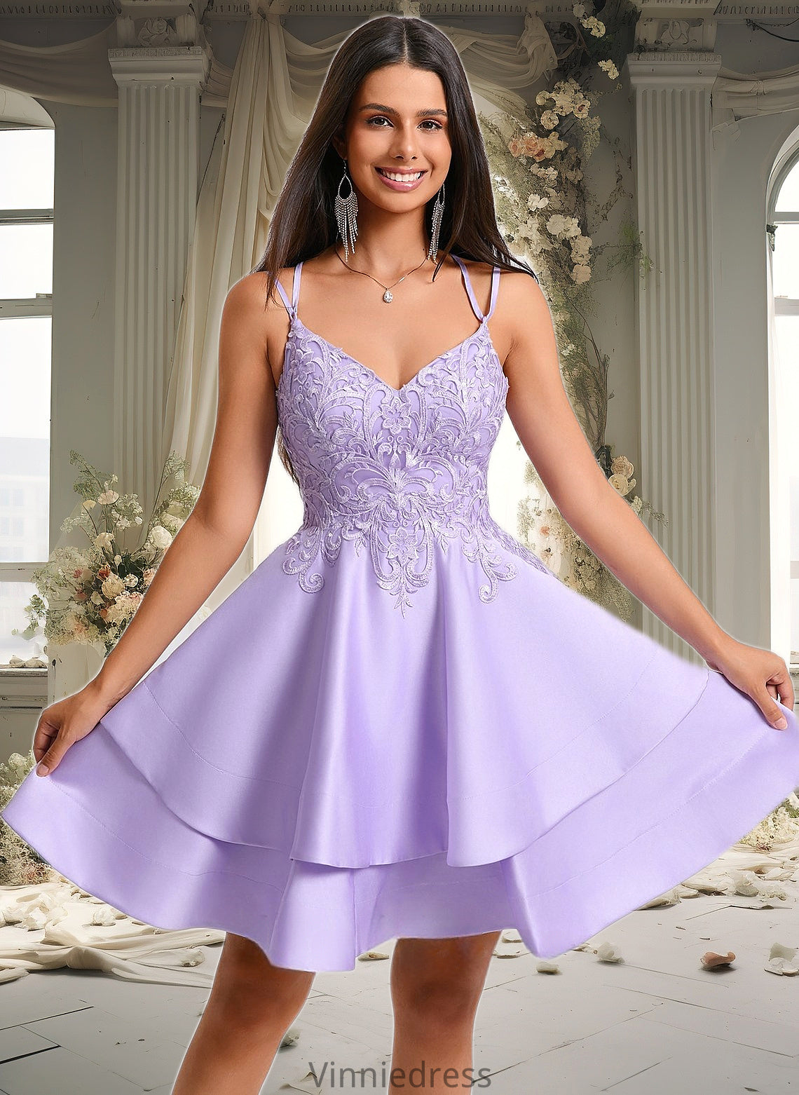 Kendall A-line V-Neck Short Satin Homecoming Dress With Appliques Lace PP6P0025692