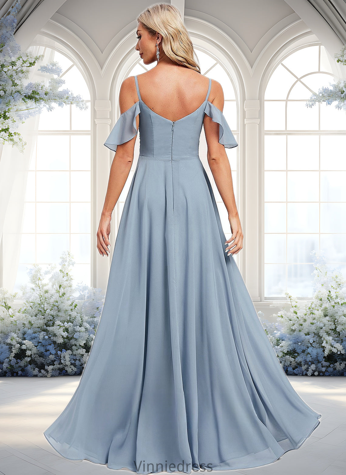 Dalia A-line Cold Shoulder Floor-Length Chiffon Bridesmaid Dress With Ruffle PP6P0025797