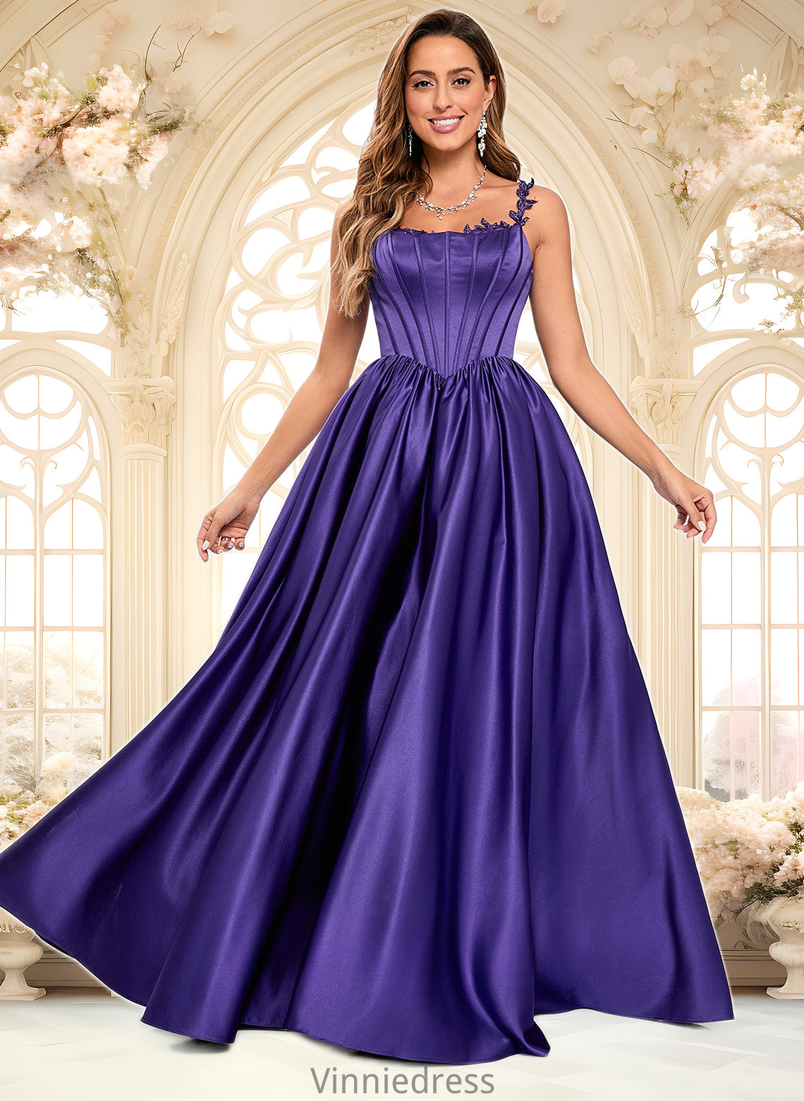 Kennedy Ball-Gown/Princess Scoop Floor-Length Satin Prom Dresses With Appliques Lace Beading PP6P0025865