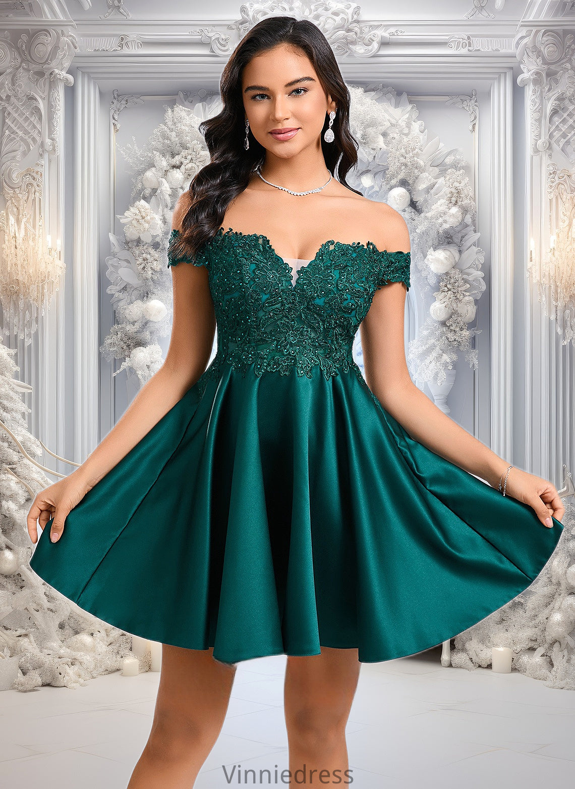 Lydia A-line Off the Shoulder Short Lace Satin Homecoming Dress With Rhinestone PP6P0025718