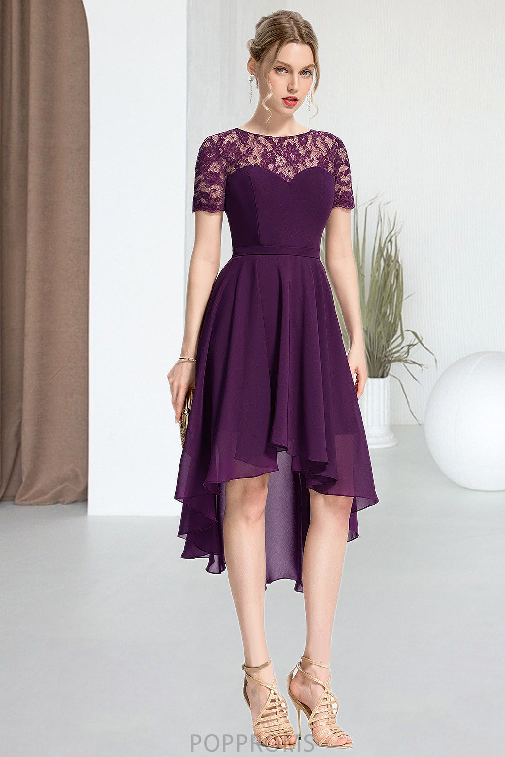 Lyla A-line Scoop Asymmetrical Chiffon Lace Homecoming Dress PP6P0020587