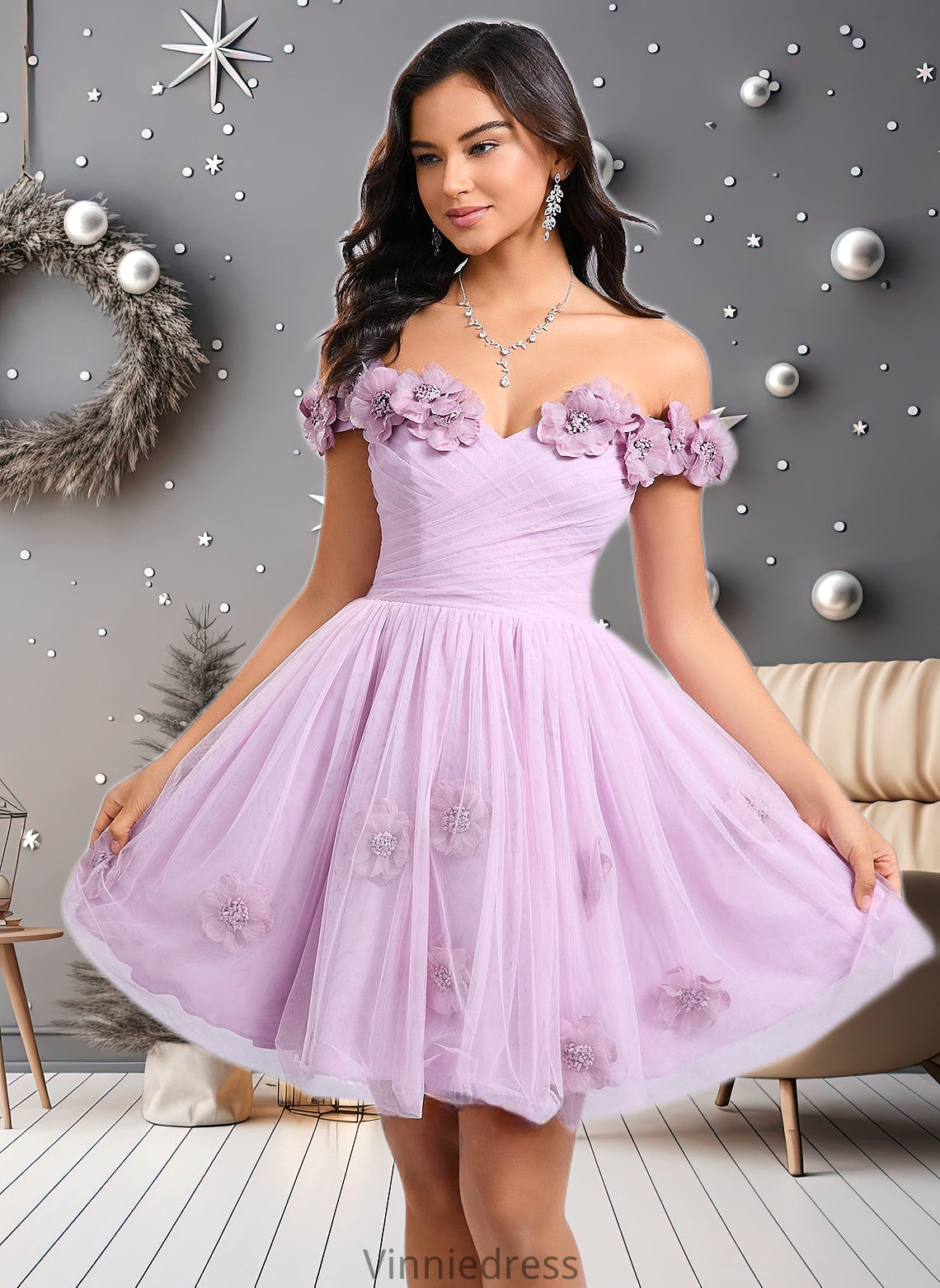 Baylee Ball-Gown/Princess Off the Shoulder Short Tulle Homecoming Dress With Pleated Flower PP6P0025668