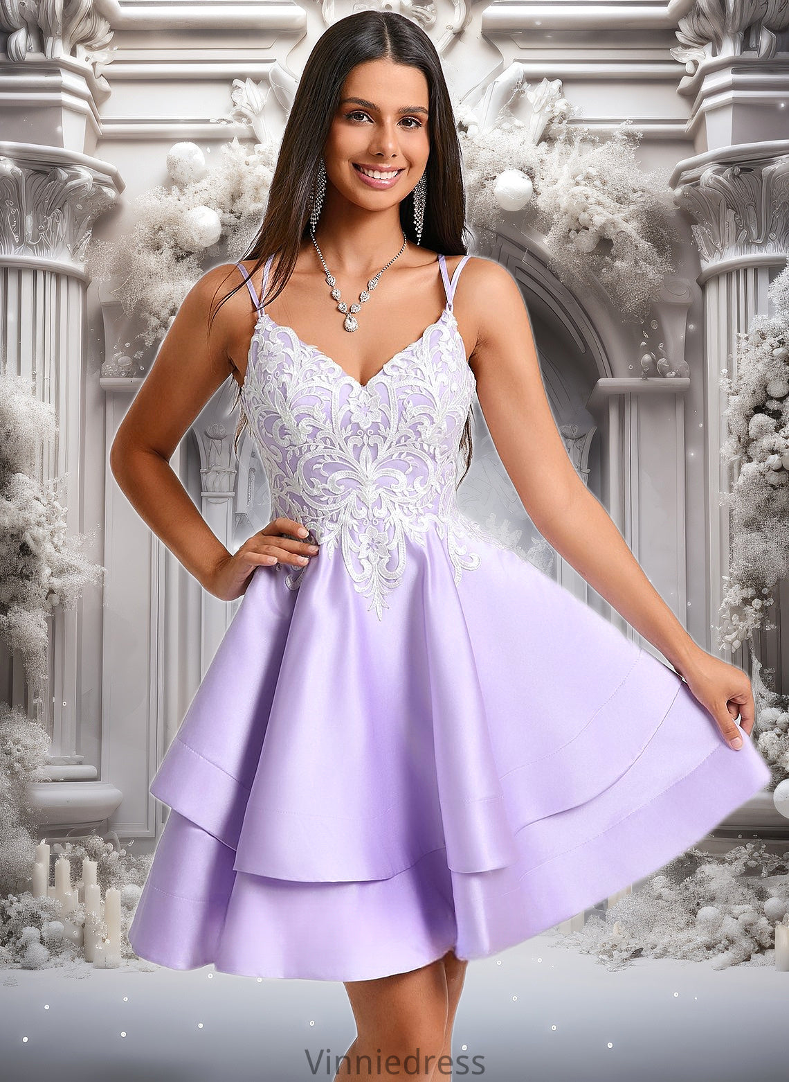 Angie A-line V-Neck Short Satin Homecoming Dress With Appliques Lace PP6P0025696