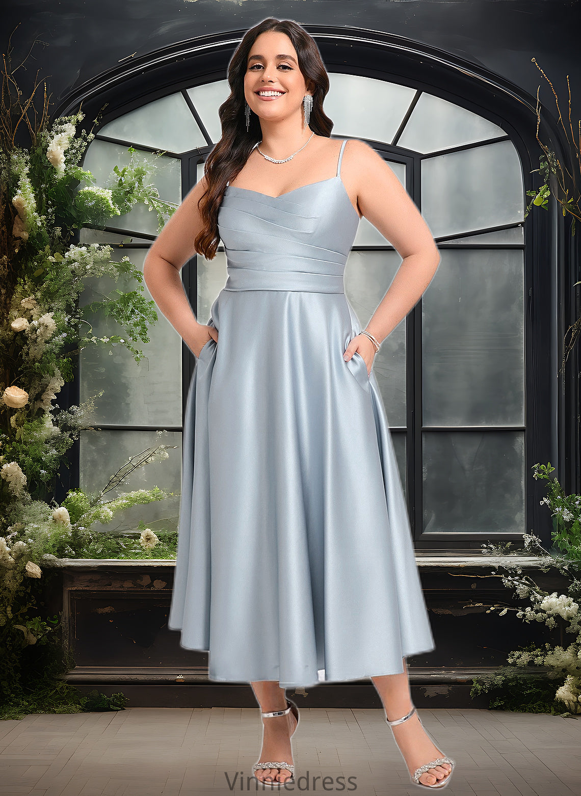 Summer A-line V-Neck Tea-Length Satin Bridesmaid Dress PP6P0025794