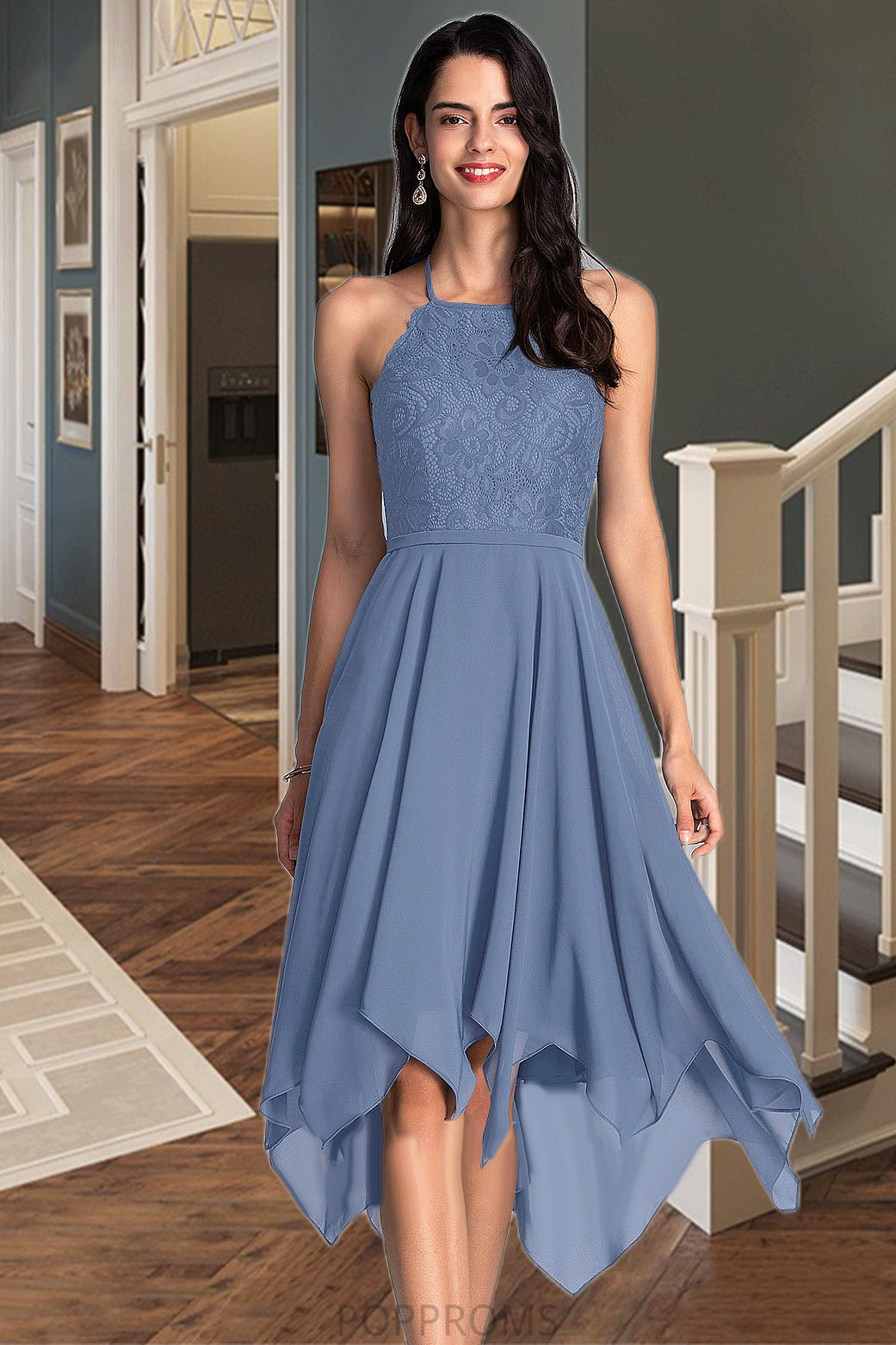 Eleanor A-line Halter Asymmetrical Chiffon Lace Homecoming Dress PP6P0020561