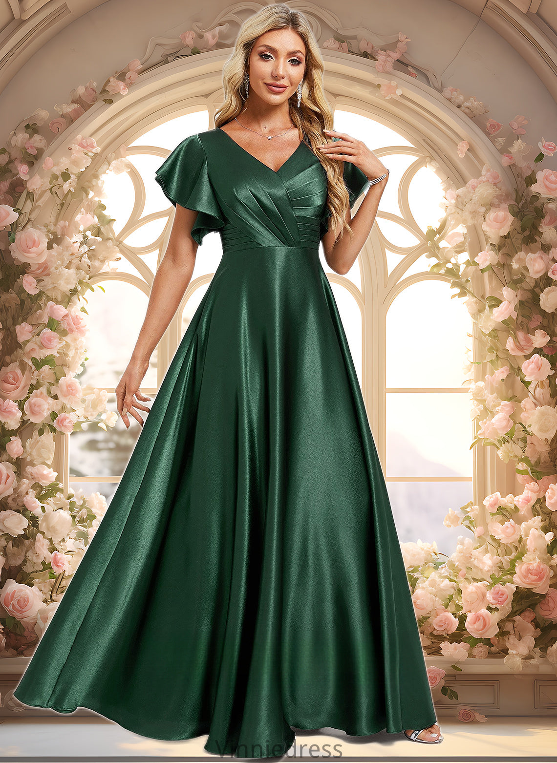 Gracie A-line V-Neck Floor-Length Stretch Satin Bridesmaid Dress With Ruffle PP6P0025773