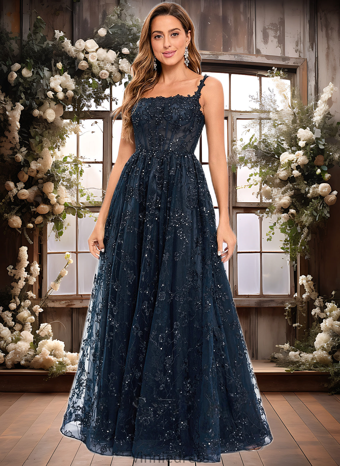 Tia A-line Square Floor-Length Organza Lace Floral Prom Dresses With Sequins PP6P0025844