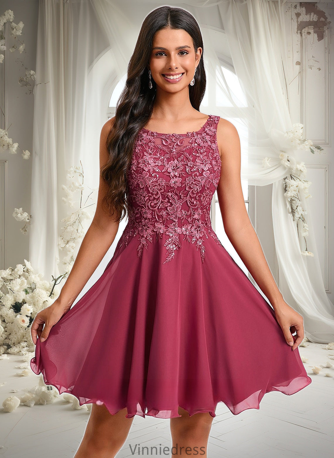 Nola A-line Scoop Short Chiffon Homecoming Dress With Sequins Appliques Lace PP6P0025681