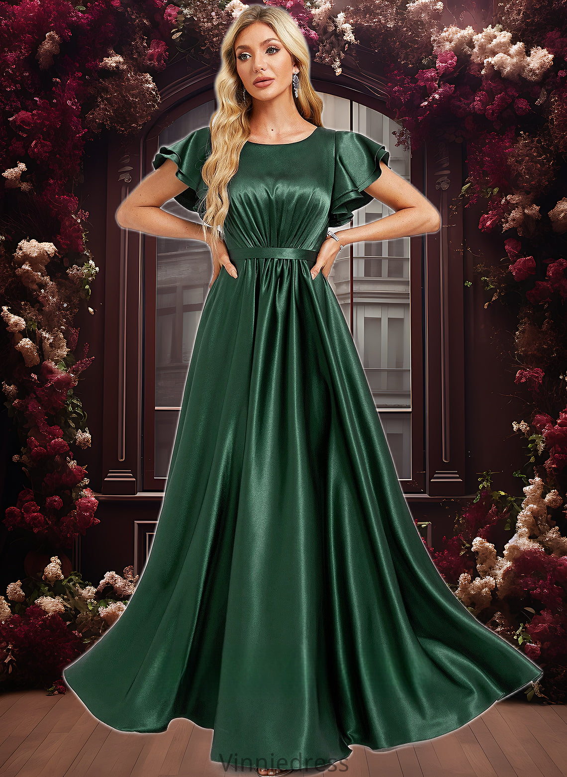 Nicola A-line Scoop Floor-Length Stretch Satin Bridesmaid Dress With Ruffle PP6P0025770