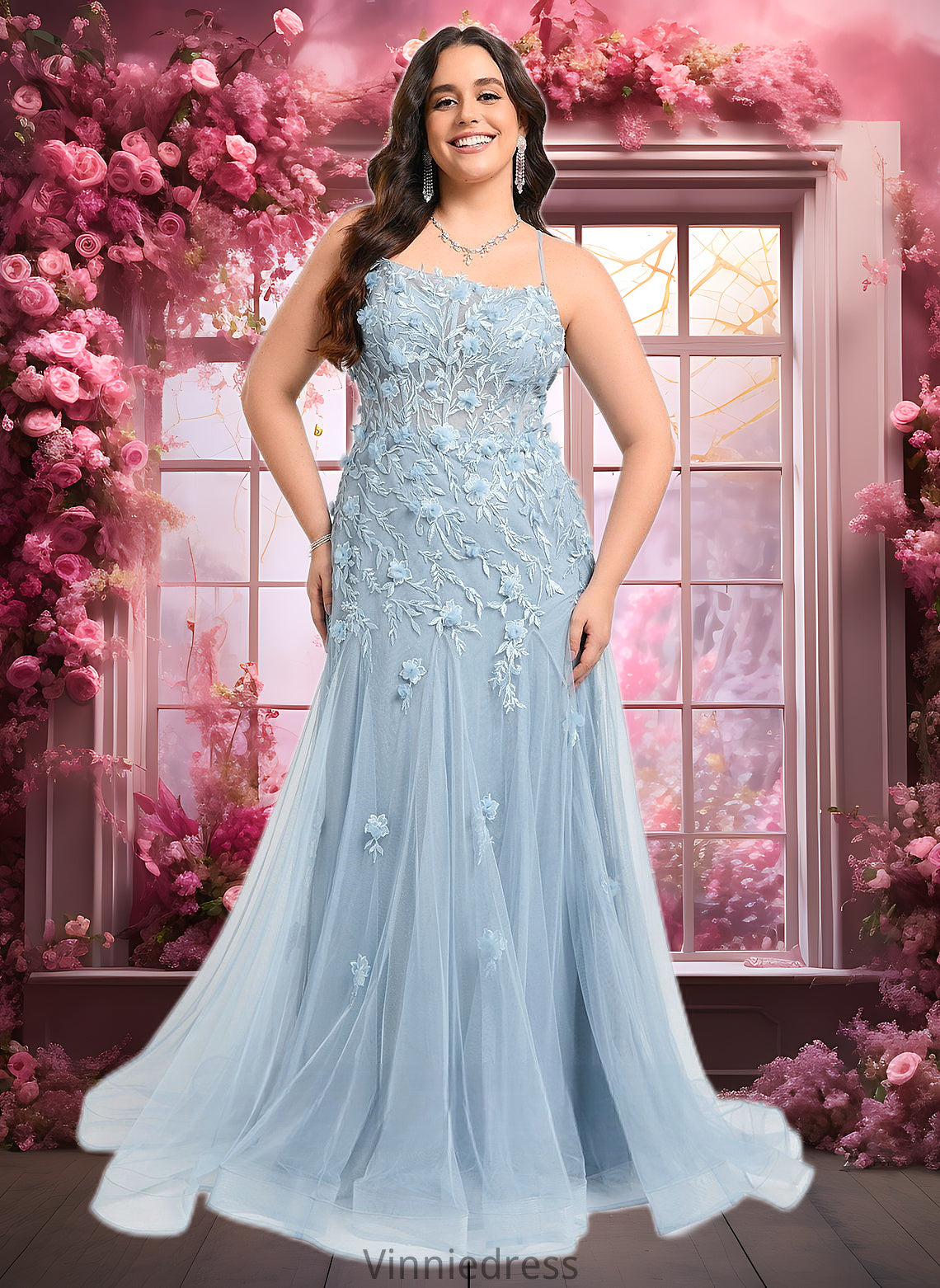 Yaritza Trumpet/Mermaid Straight Sweep Train Tulle Prom Dresses With Flower PP6P0025866