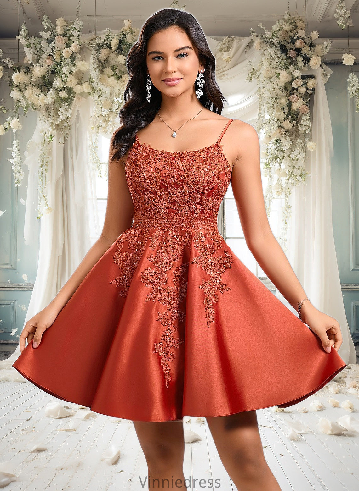 Jill A-line Scoop Short Satin Lace Homecoming Dress With Sequins PP6P0025683