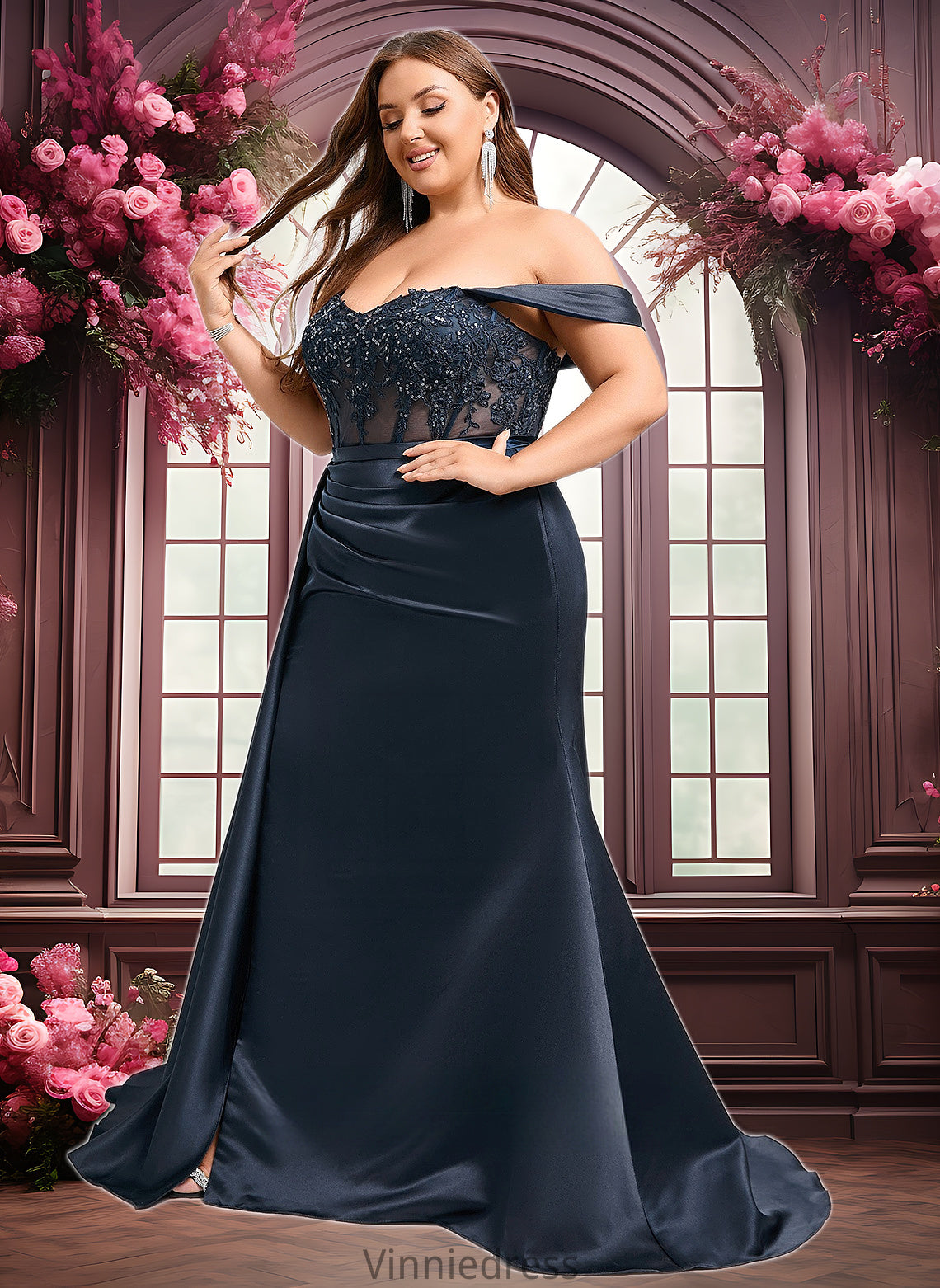 Autumn Trumpet/Mermaid Off the Shoulder Sweep Train Satin Prom Dresses With Sequins Appliques Lace PP6P0025835