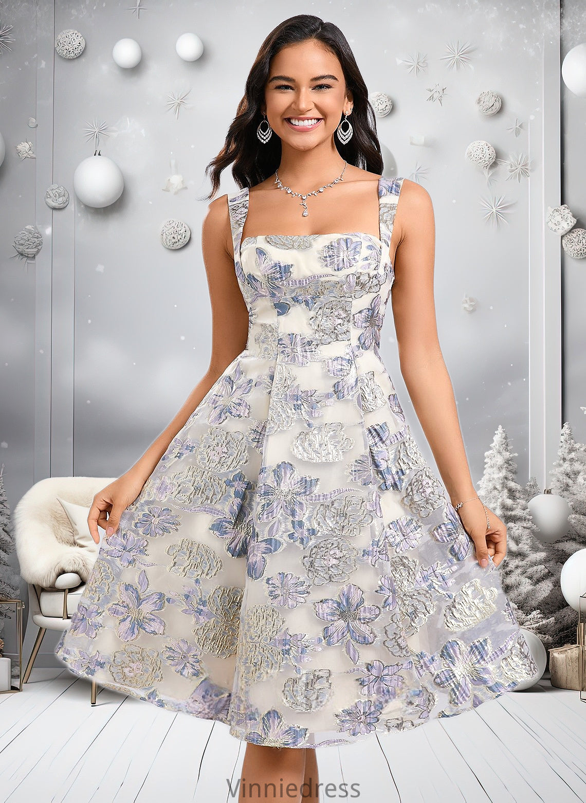 Jess A-line Square Knee-Length Jacquard Homecoming Dress With Bow PP6P0025687