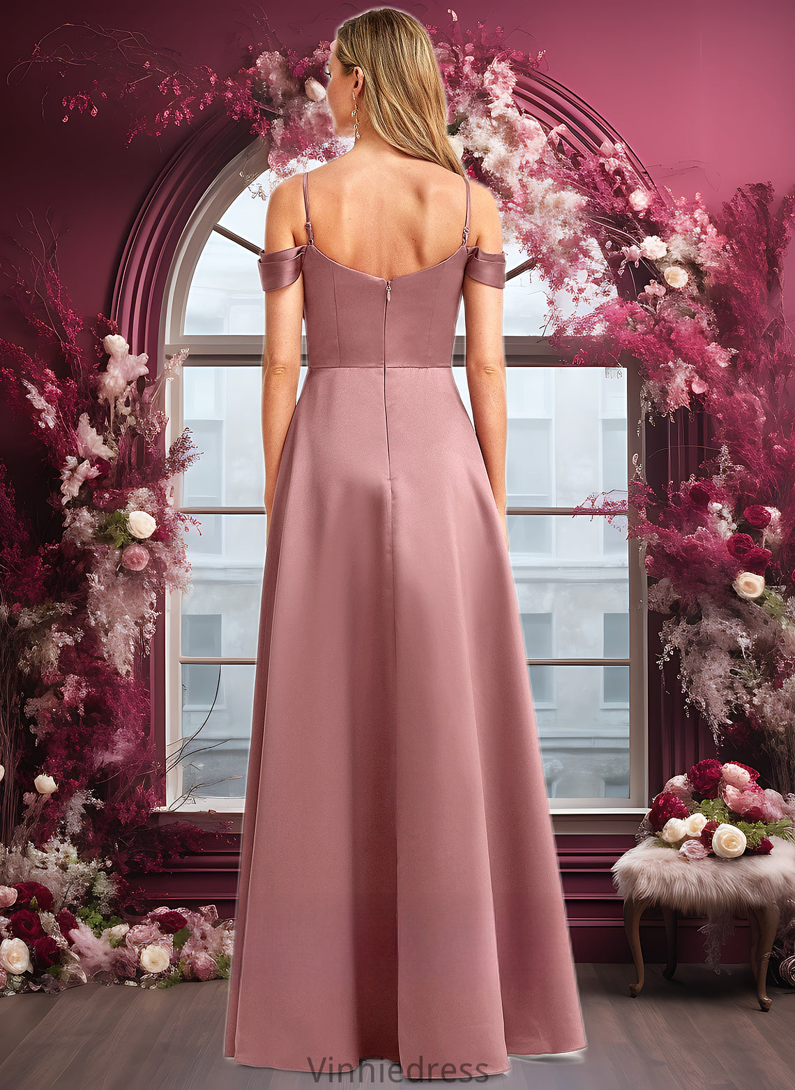 Morgan A-line Cold Shoulder Floor-Length Satin Bridesmaid Dress PP6P0025750