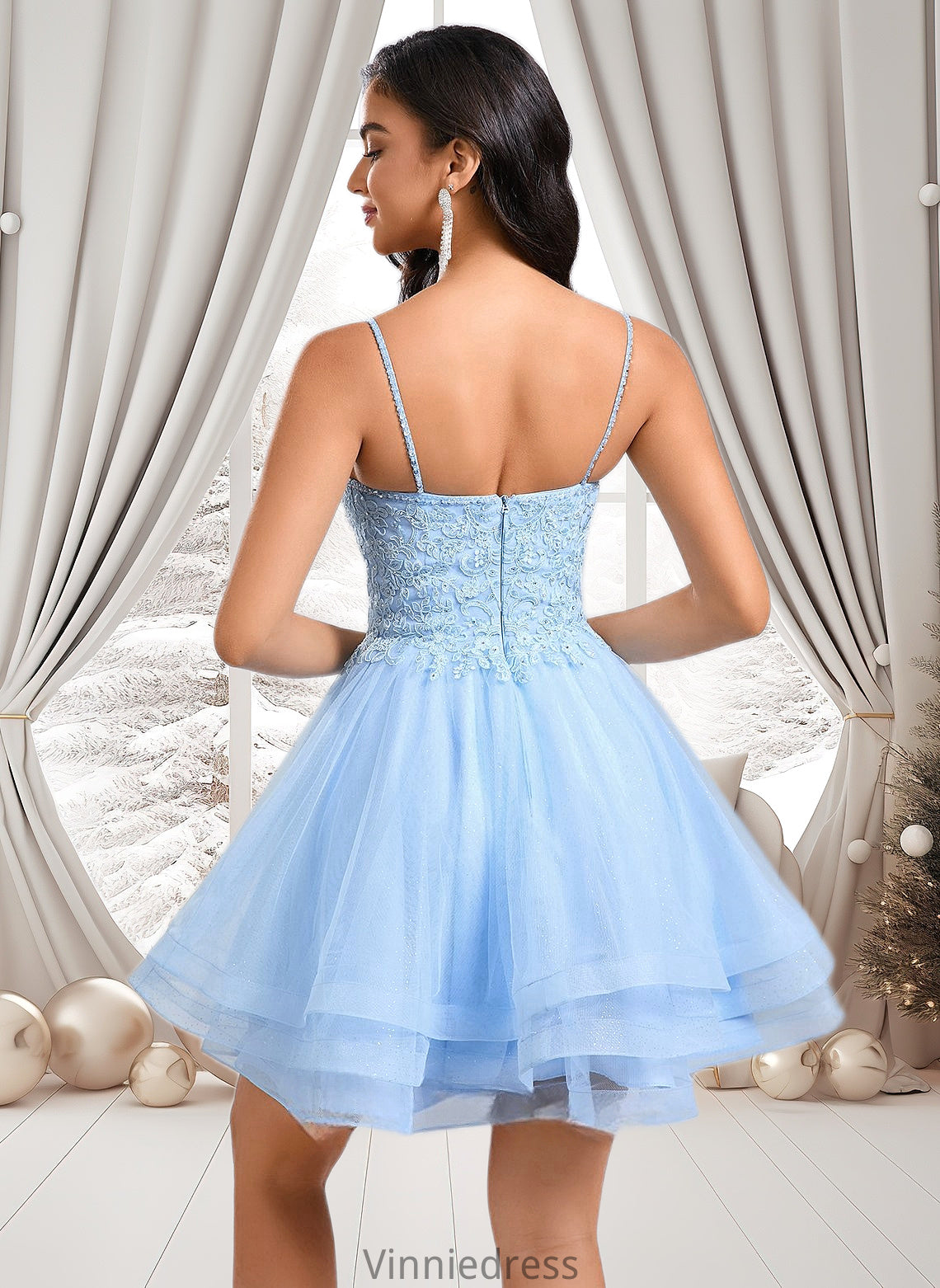 Nathalia A-line V-Neck Short Lace Tulle Homecoming Dress With Rhinestone Sequins PP6P0025658