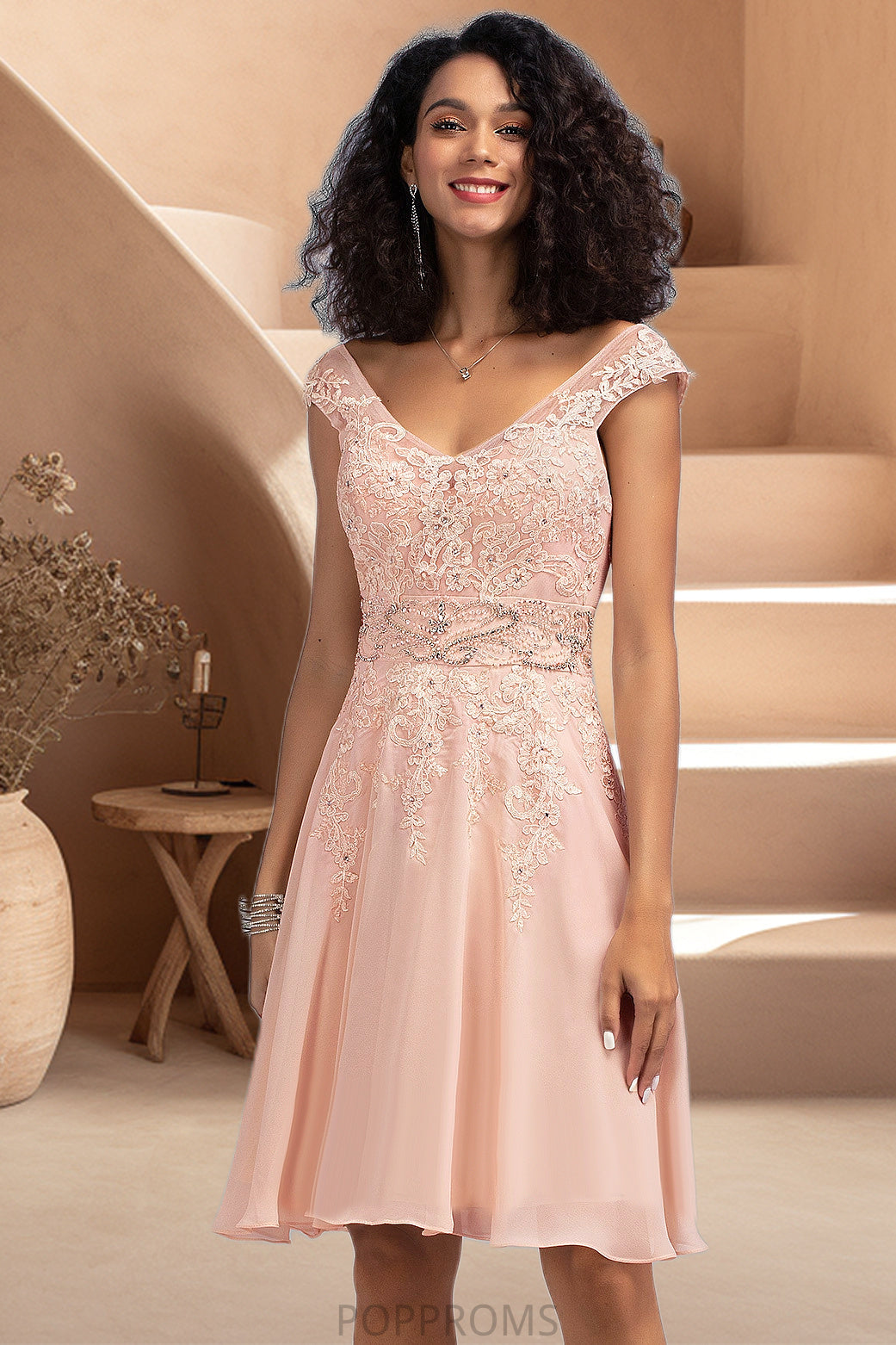 Guadalupe A-line V-Neck Knee-Length Chiffon Lace Homecoming Dress With Beading PP6P0020565