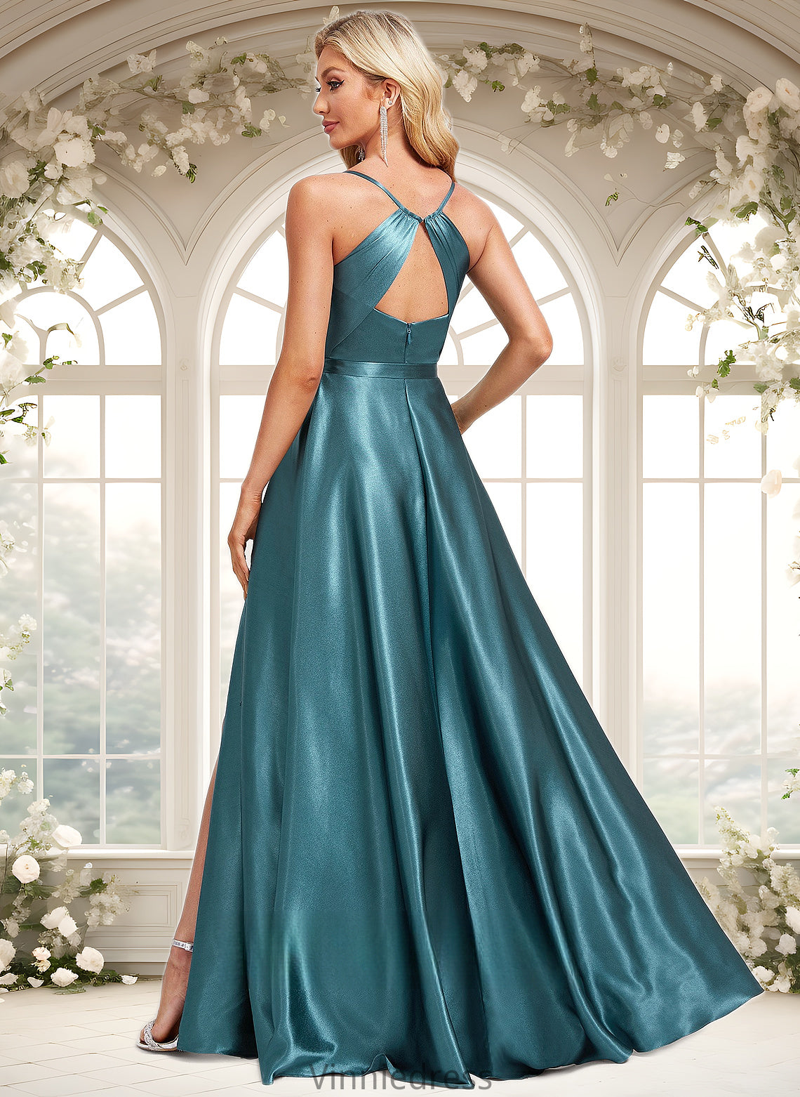 Jan A-line Cowl Floor-Length Stretch Satin Bridesmaid Dress With Ruffle PP6P0025781