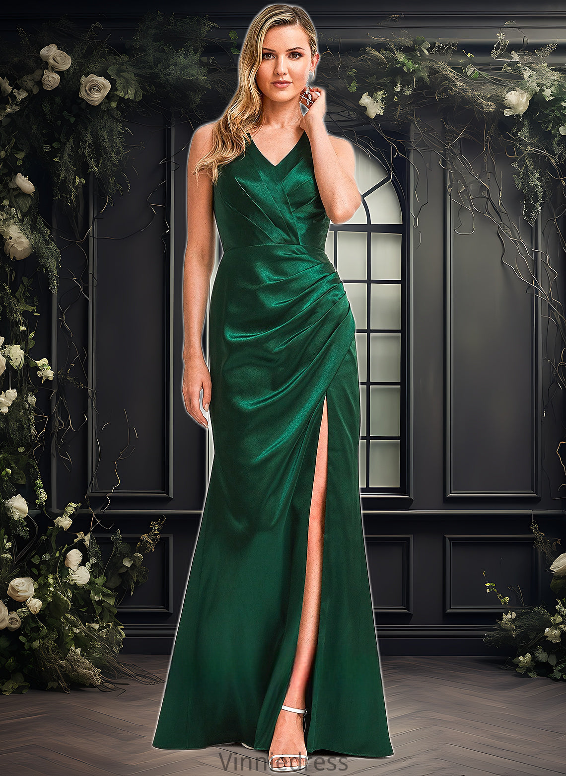 Jean A-line V-Neck Floor-Length Stretch Satin Bridesmaid Dress PP6P0025746