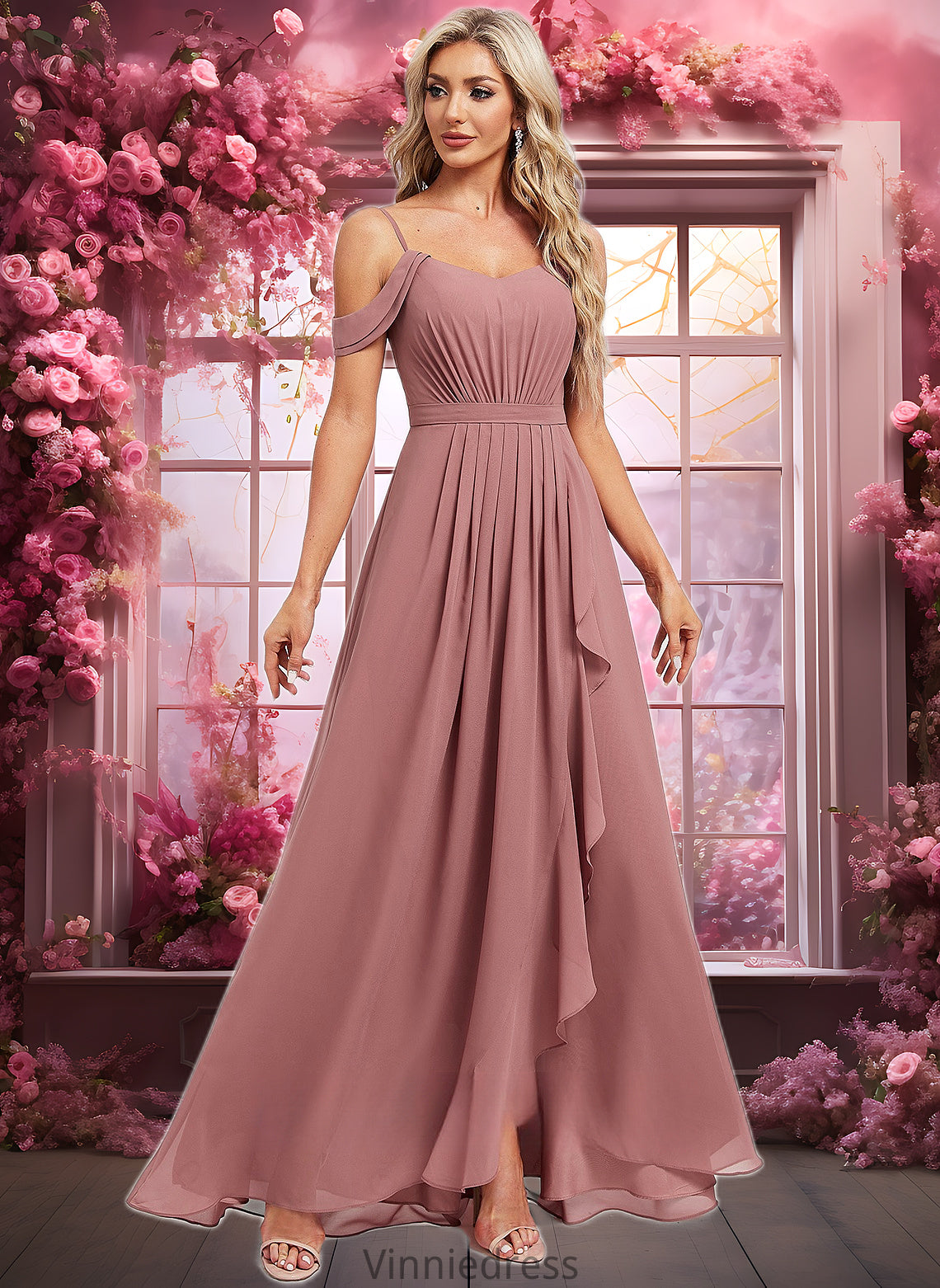 Julie A-line Cold Shoulder Asymmetrical Chiffon Bridesmaid Dress PP6P0025823