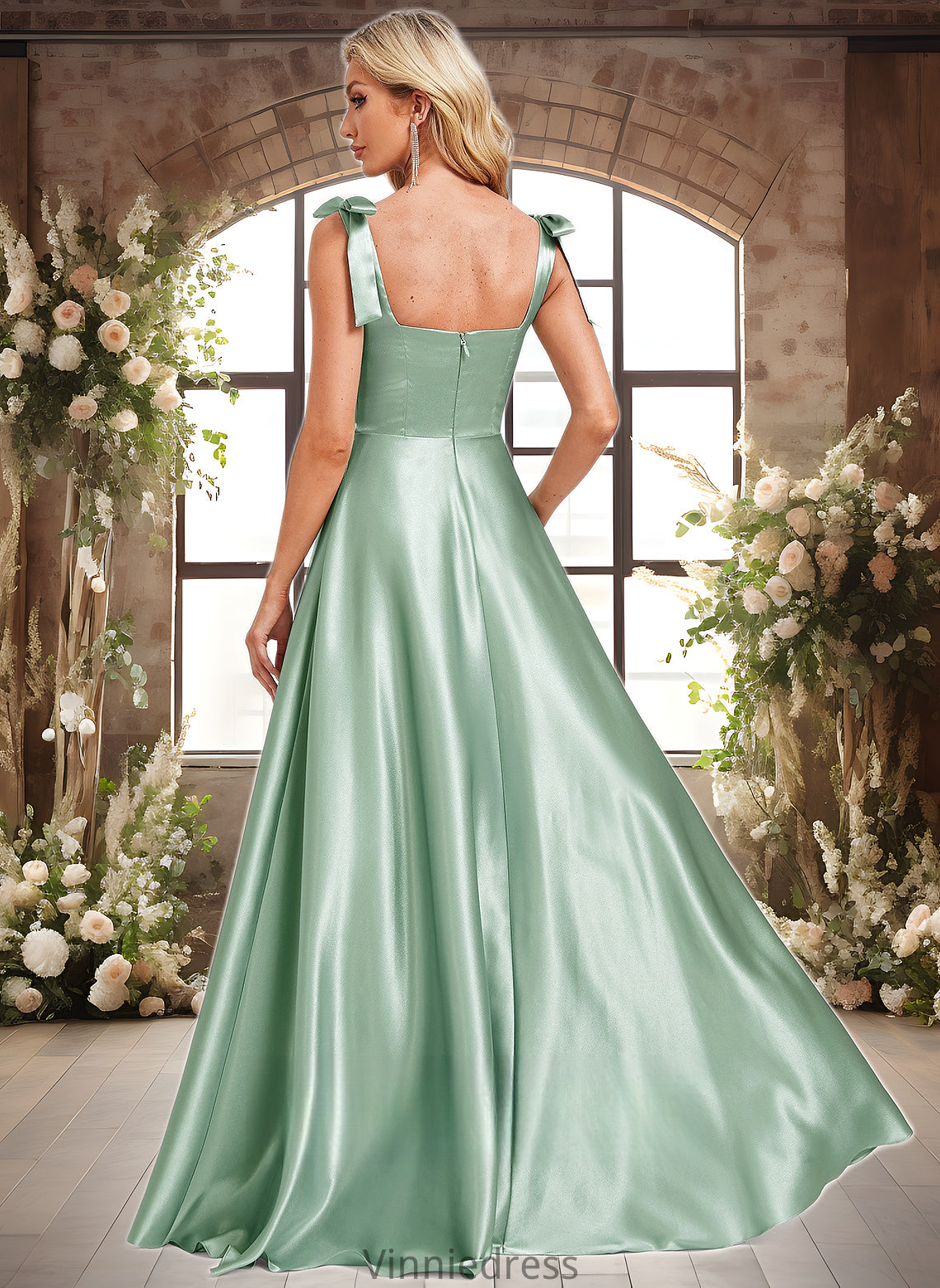 Yasmine A-line Square Floor-Length Stretch Satin Bridesmaid Dress With Bow PP6P0025788