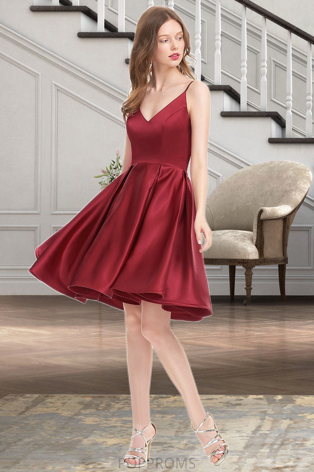 Karley A-line V-Neck Short/Mini Satin Homecoming Dress PP6P0020542