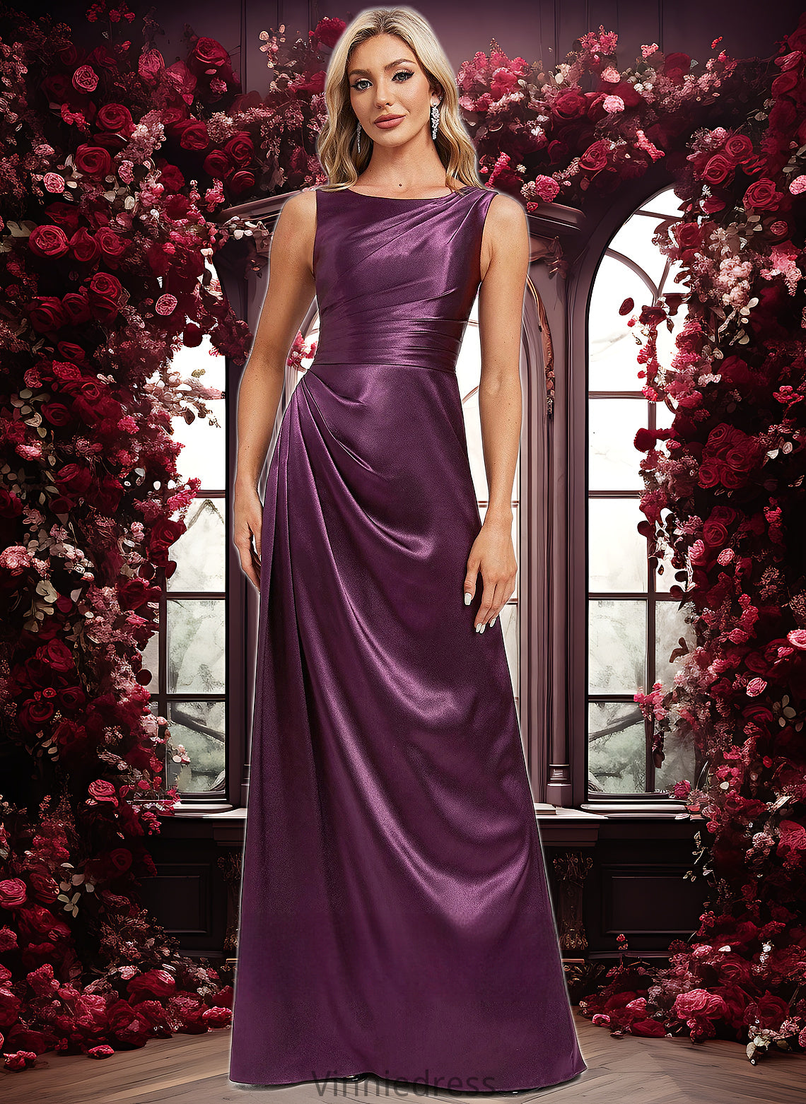 Danica A-line Scoop Floor-Length Stretch Satin Bridesmaid Dress PP6P0025829