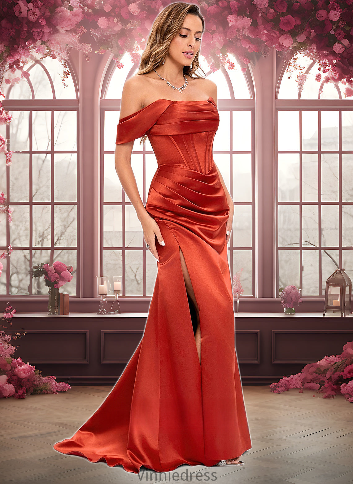 Elliana Trumpet/Mermaid Off the Shoulder Sweep Train Satin Prom Dresses PP6P0025832