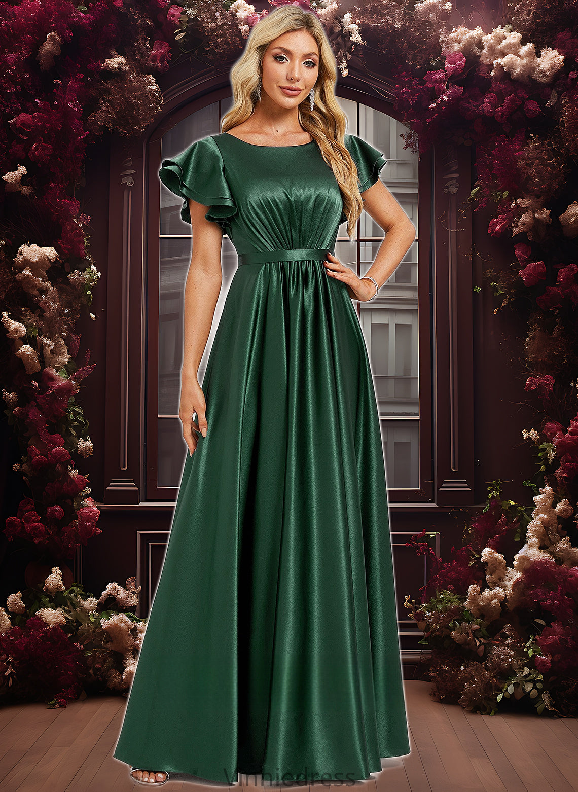 Nicola A-line Scoop Floor-Length Stretch Satin Bridesmaid Dress With Ruffle PP6P0025770